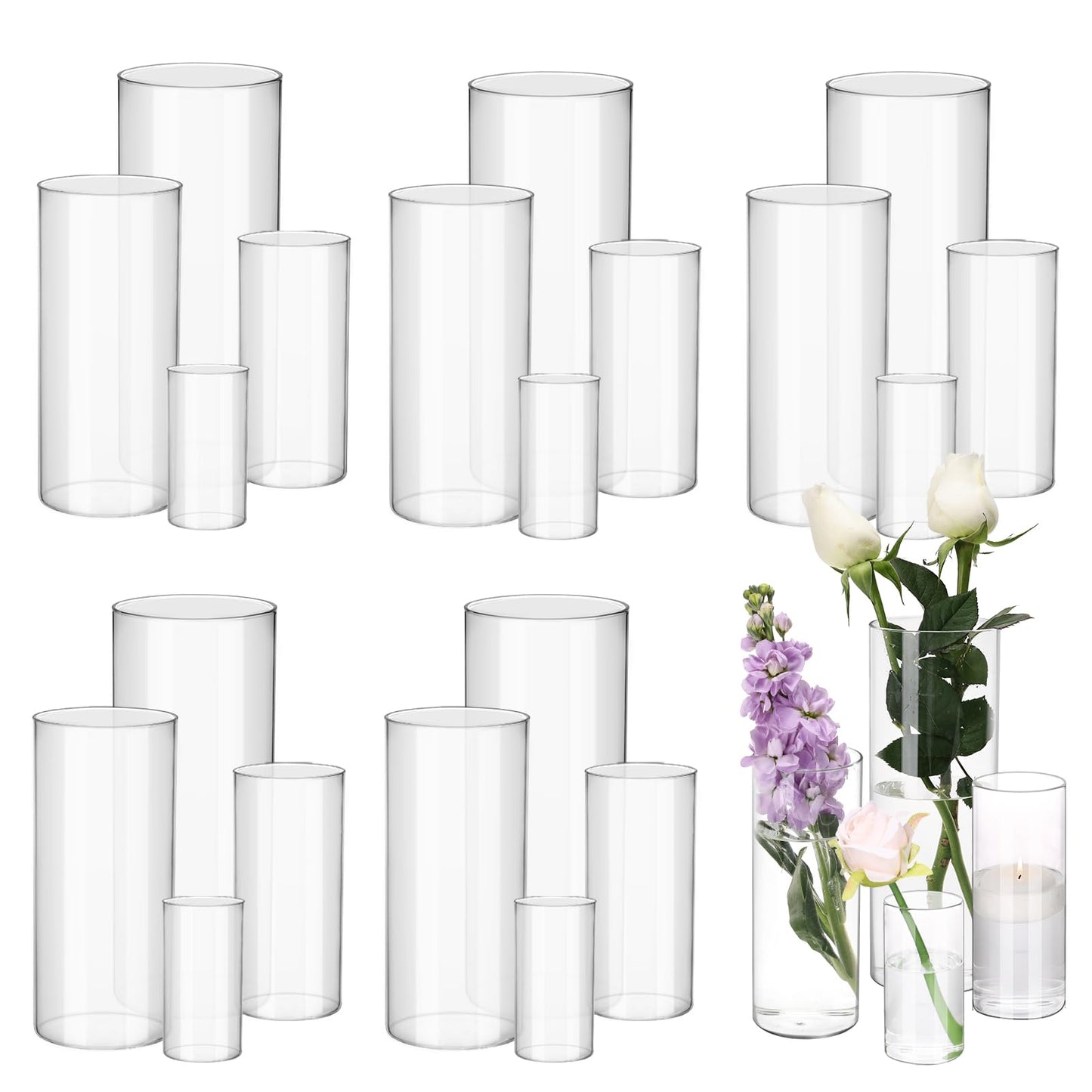 Set of clear cylindrical vases with flowers and candles on a white background