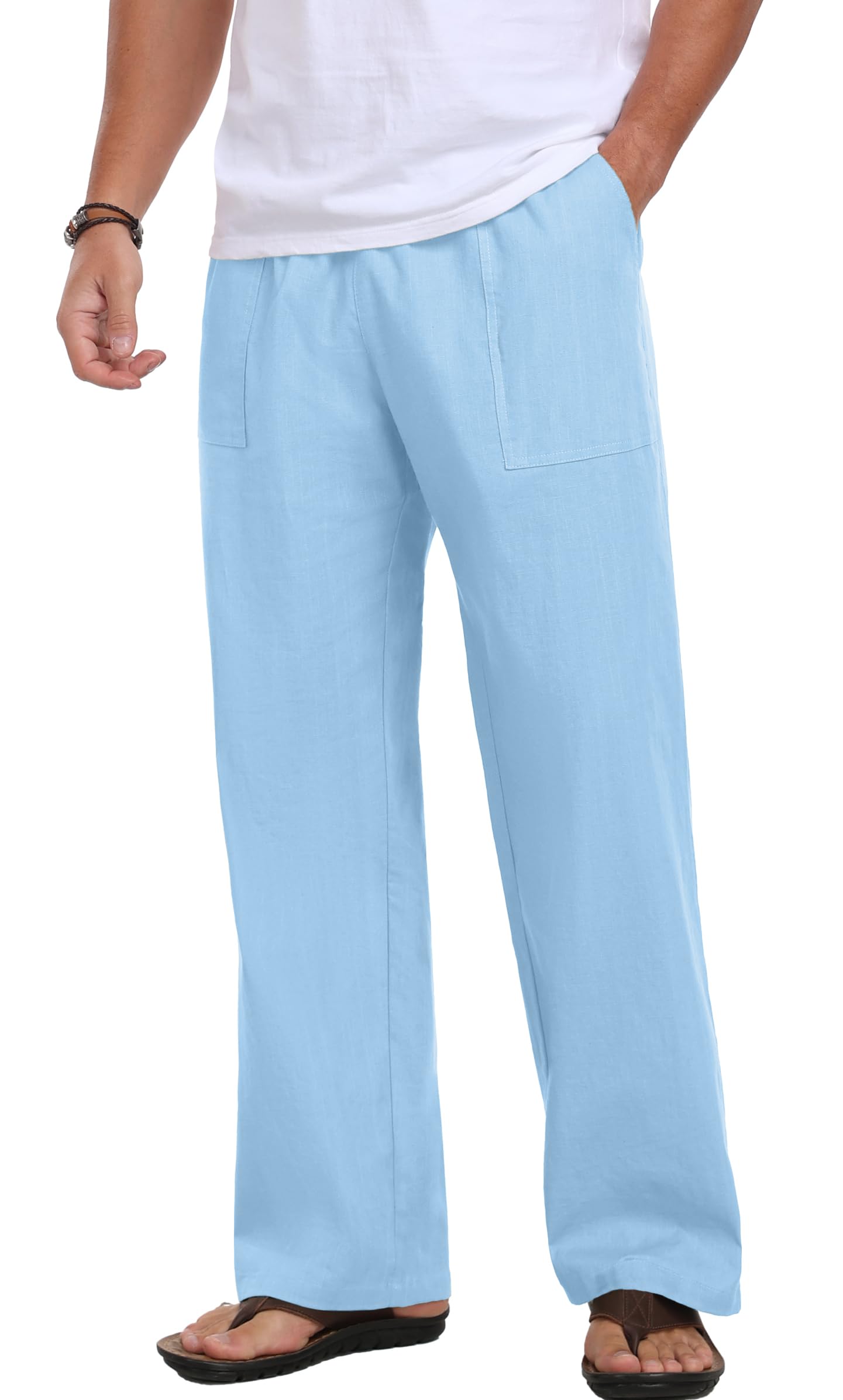 Sailwind Men's Casual Linen Pants Beach Summer Elastic Waist Drawstring Pants Lightweight Linen Trousers White