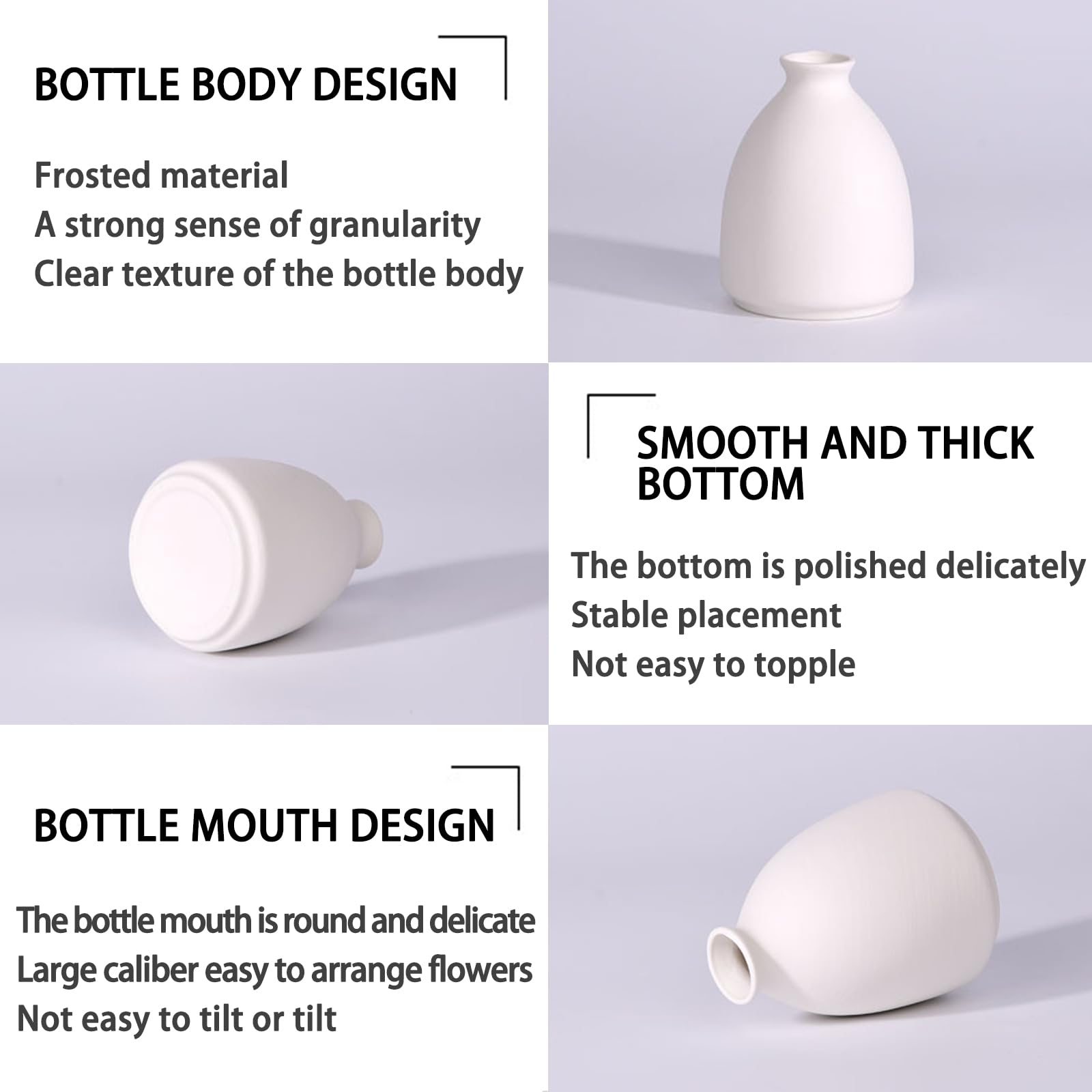 White ceramic bottle with text describing its design on a light gray background