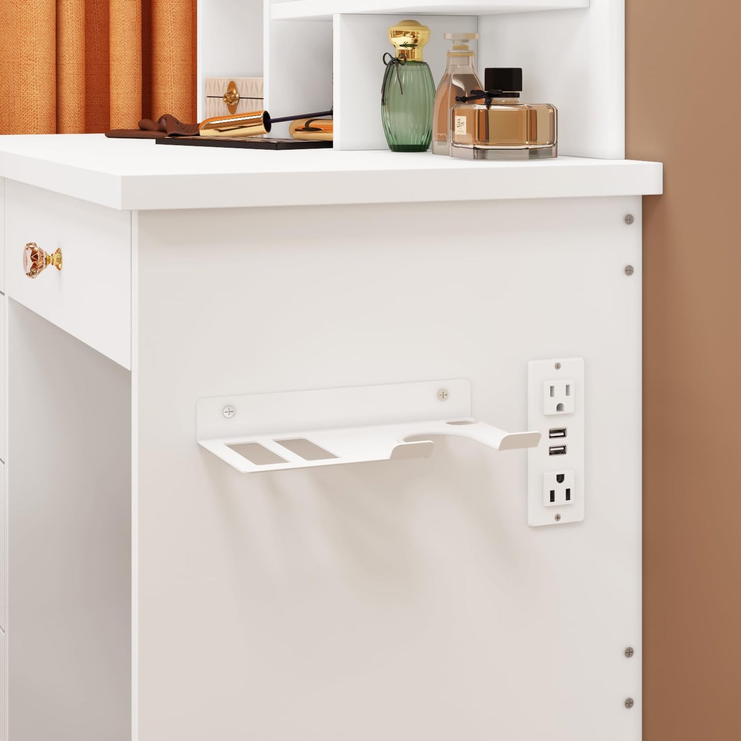 White wall-mounted shelf with a power outlet on a neutral background
