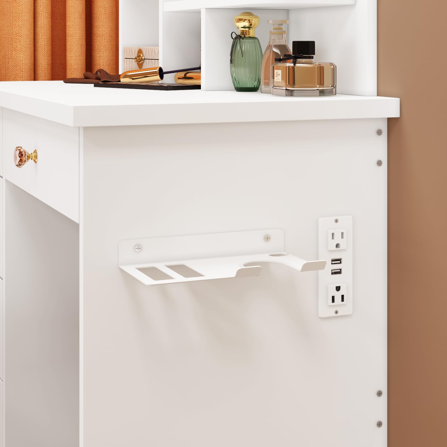White wall-mounted shelf with a power outlet on a neutral background