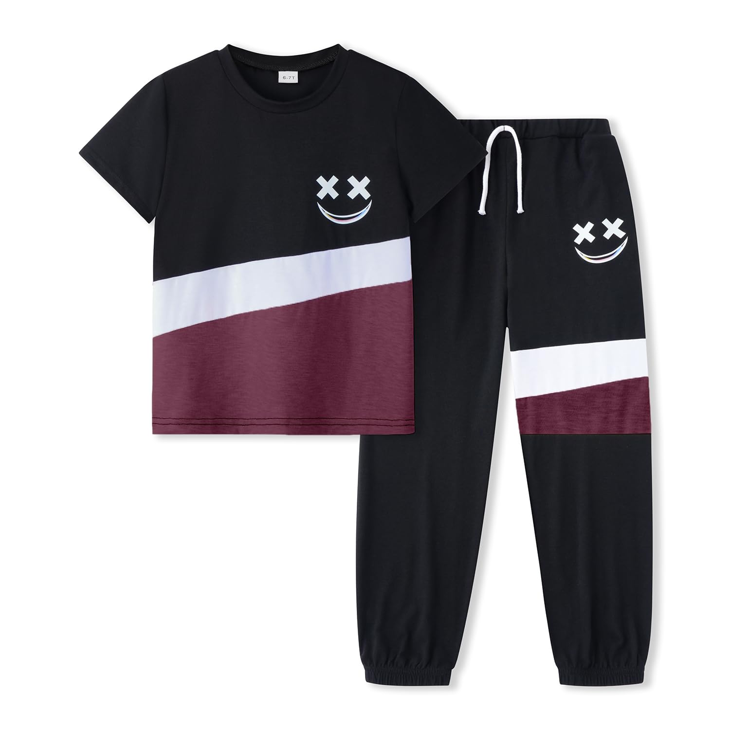 Black and red t-shirt and pants set with smiley face design on a white background