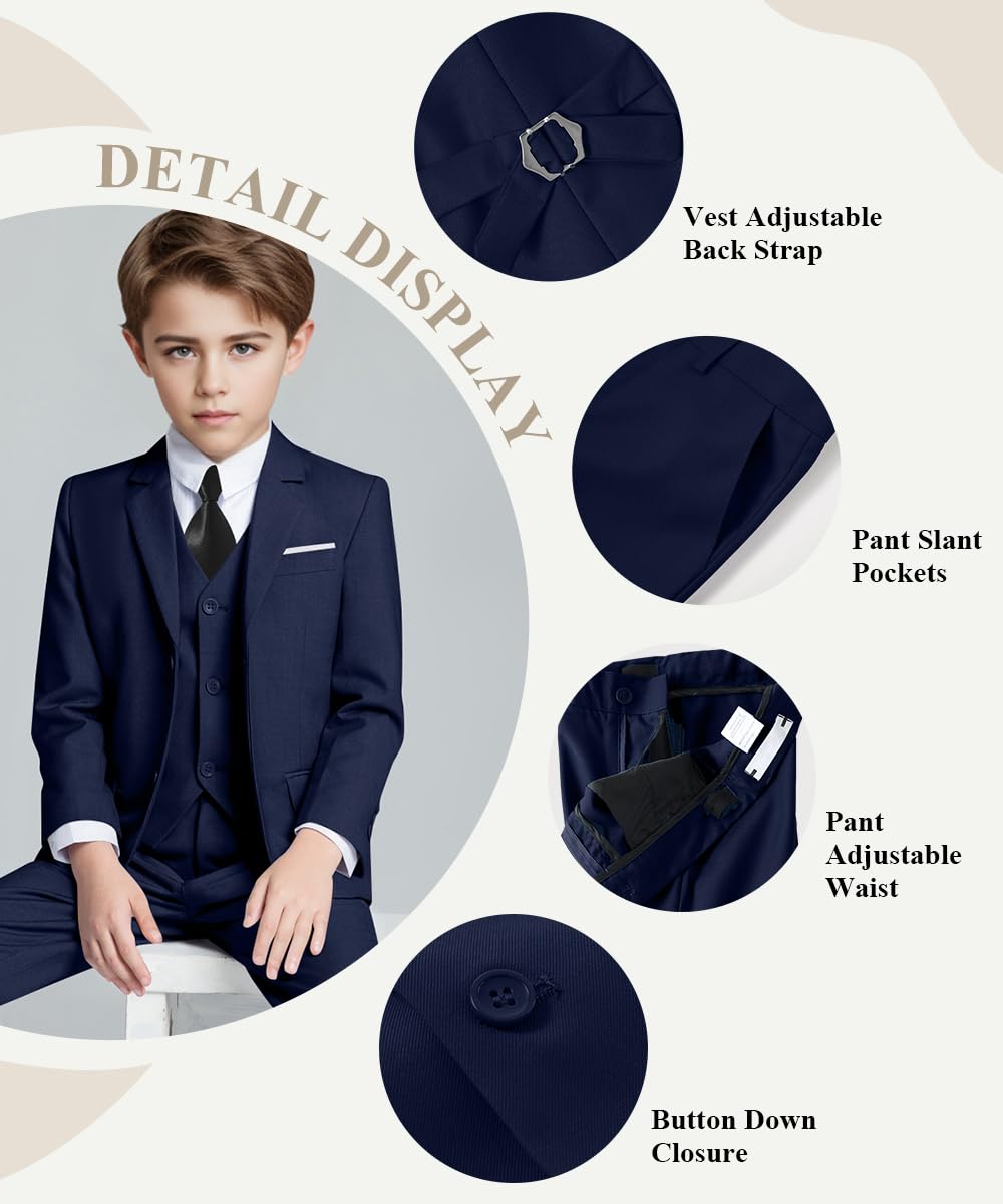 Visaccy Suit for Boys 5 Pieces Kids Tuxedo Boy Suits Slim Fit Suits Outfit for Wedding Navy Blue Size 20