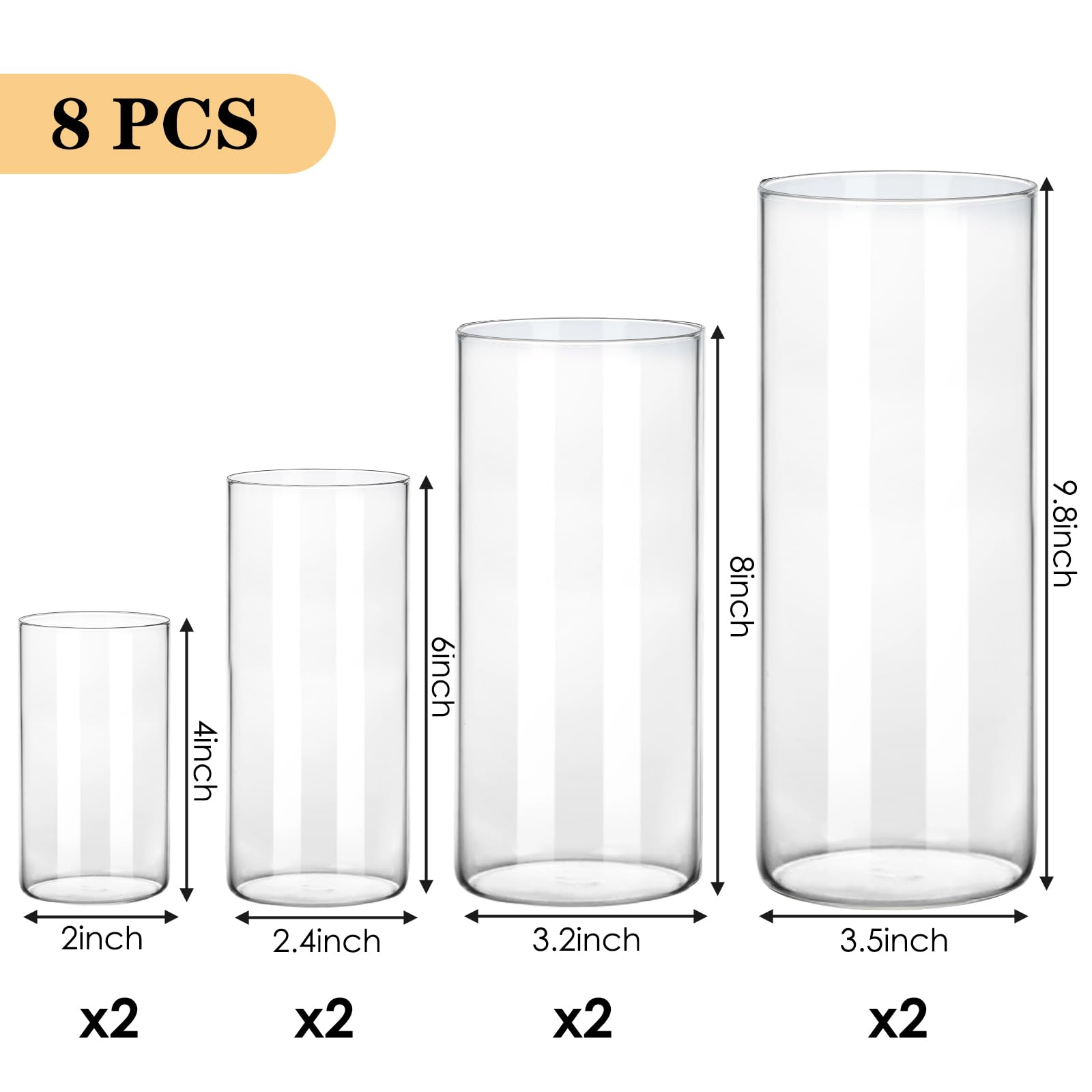 Set of eight clear glass vases with dimensions labeled