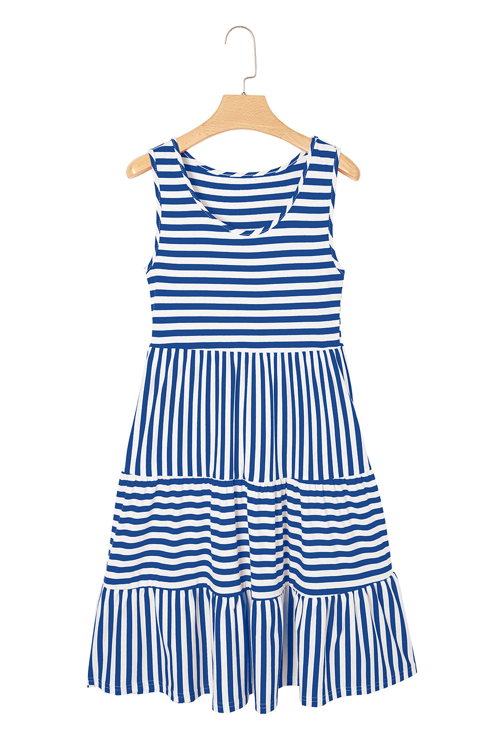 Blue and white striped dress on a hanger against a white background
