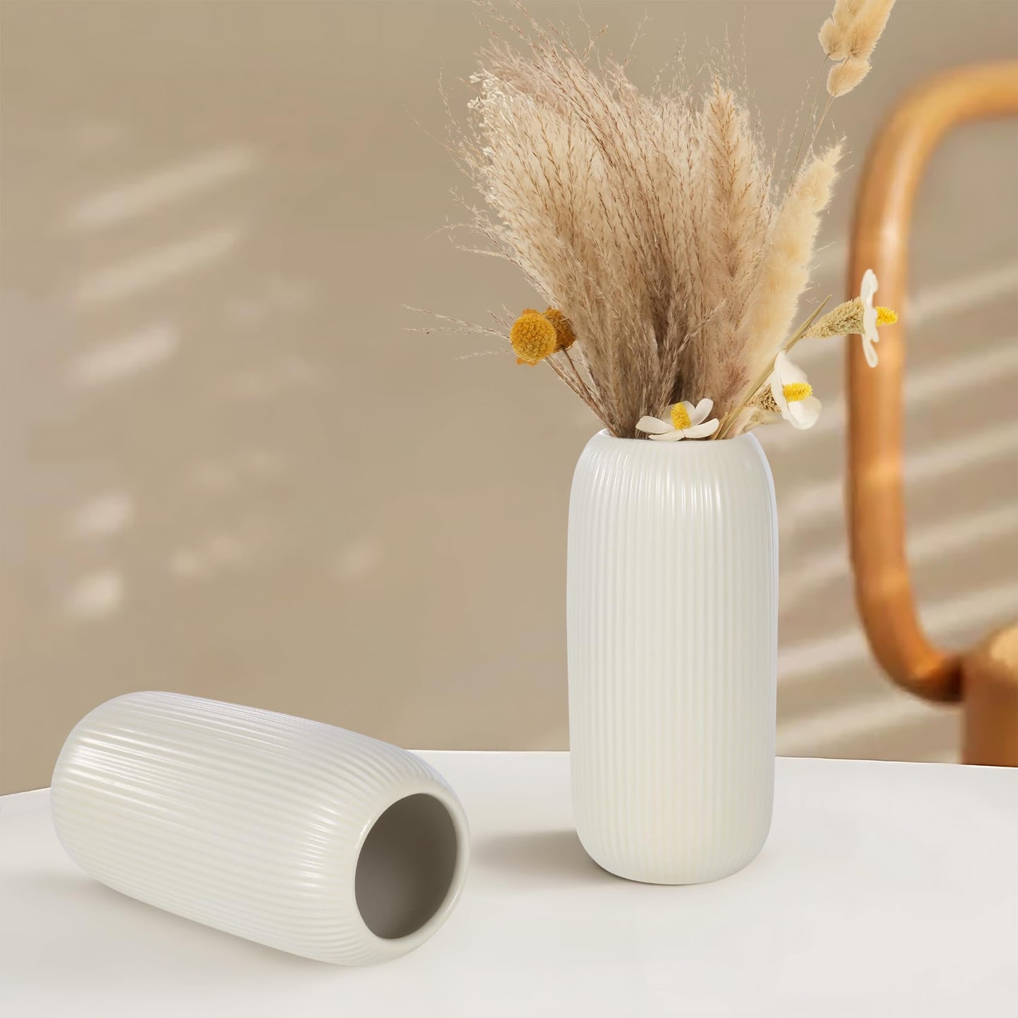 Ceramic Vase for Flowers – Modern Small Ribbed Textured Flower Vase for Home Decor, Pampas Grass, Decorative, Farmhouse, Coffee Table, Kitchen Centerpieces, Bookshelf and Home Living (White)