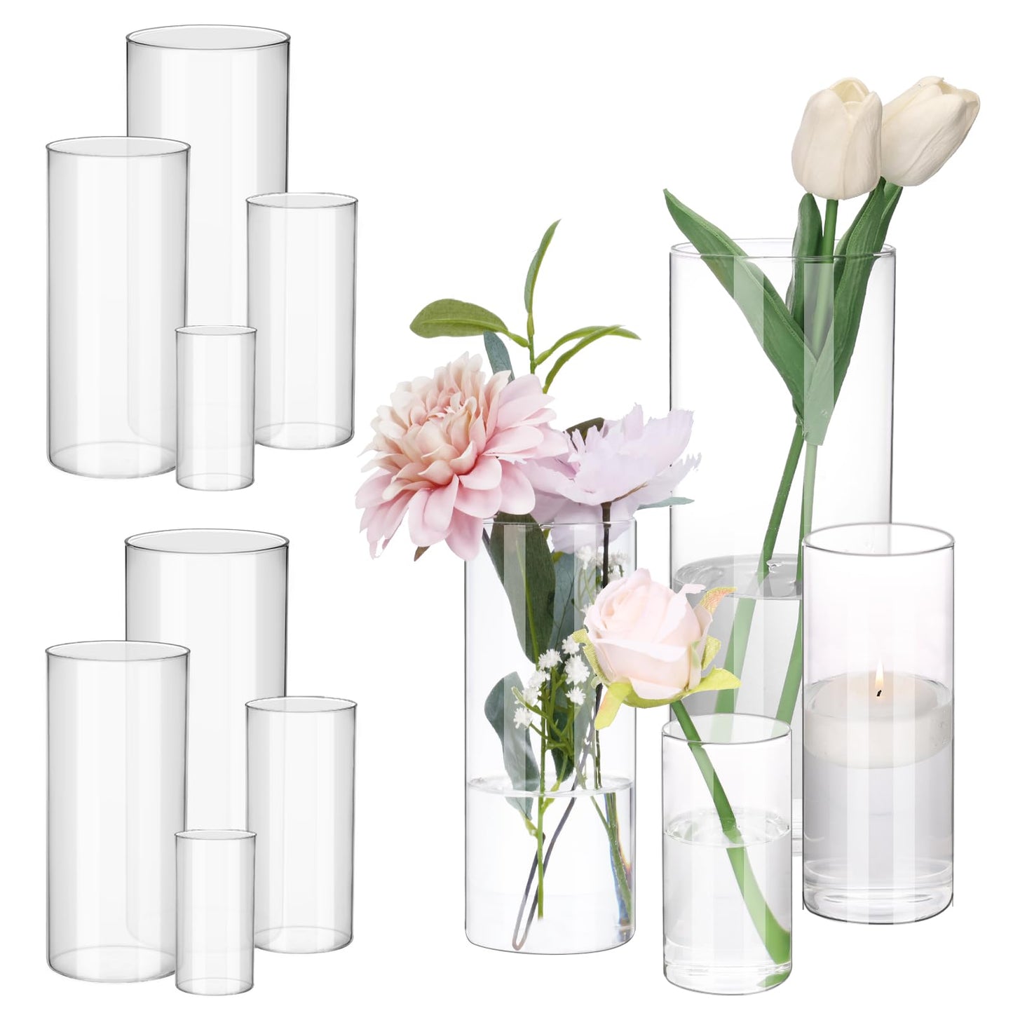 Set of clear glass vases with flowers and candles on a white background