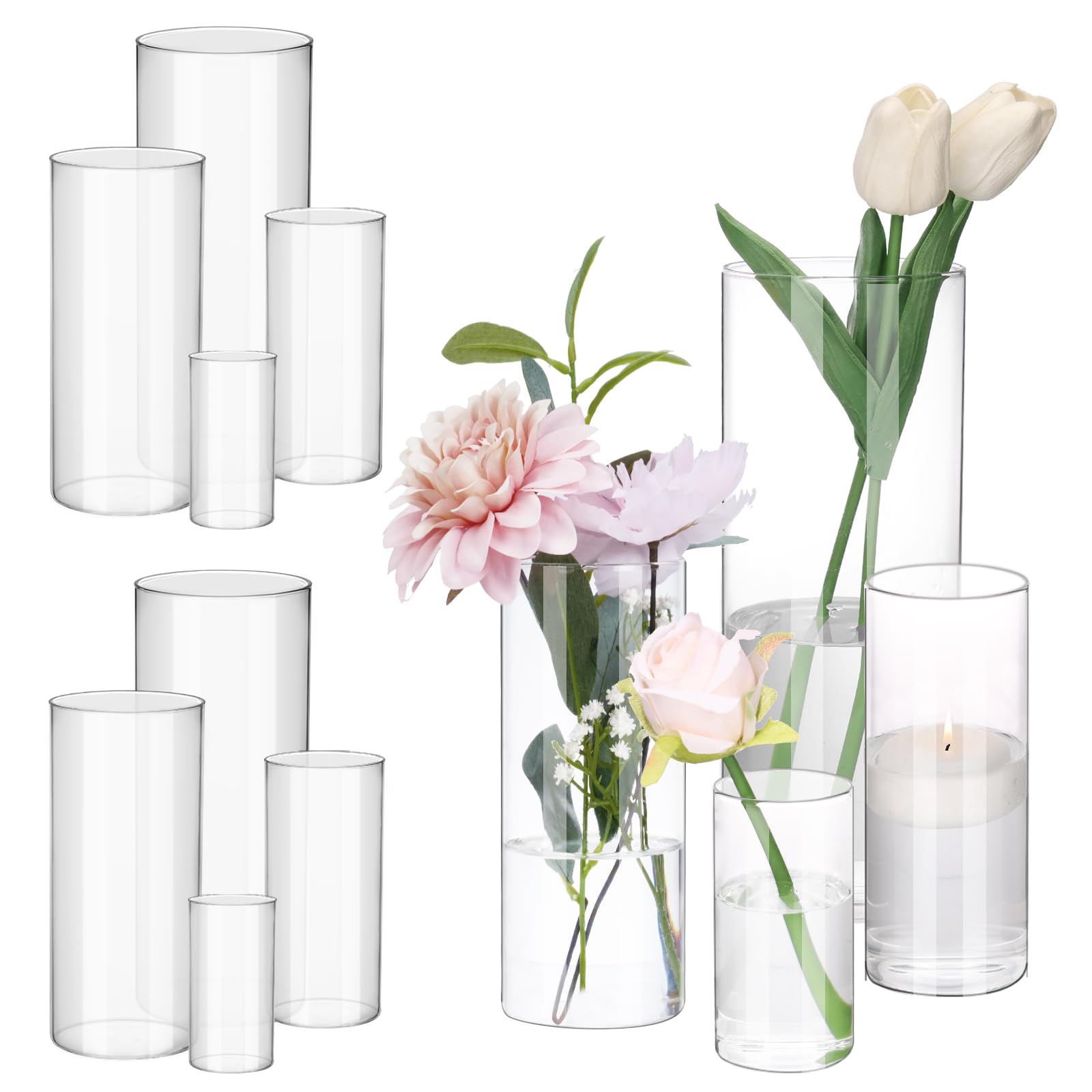 Set of clear glass vases with flowers and candles on a white background