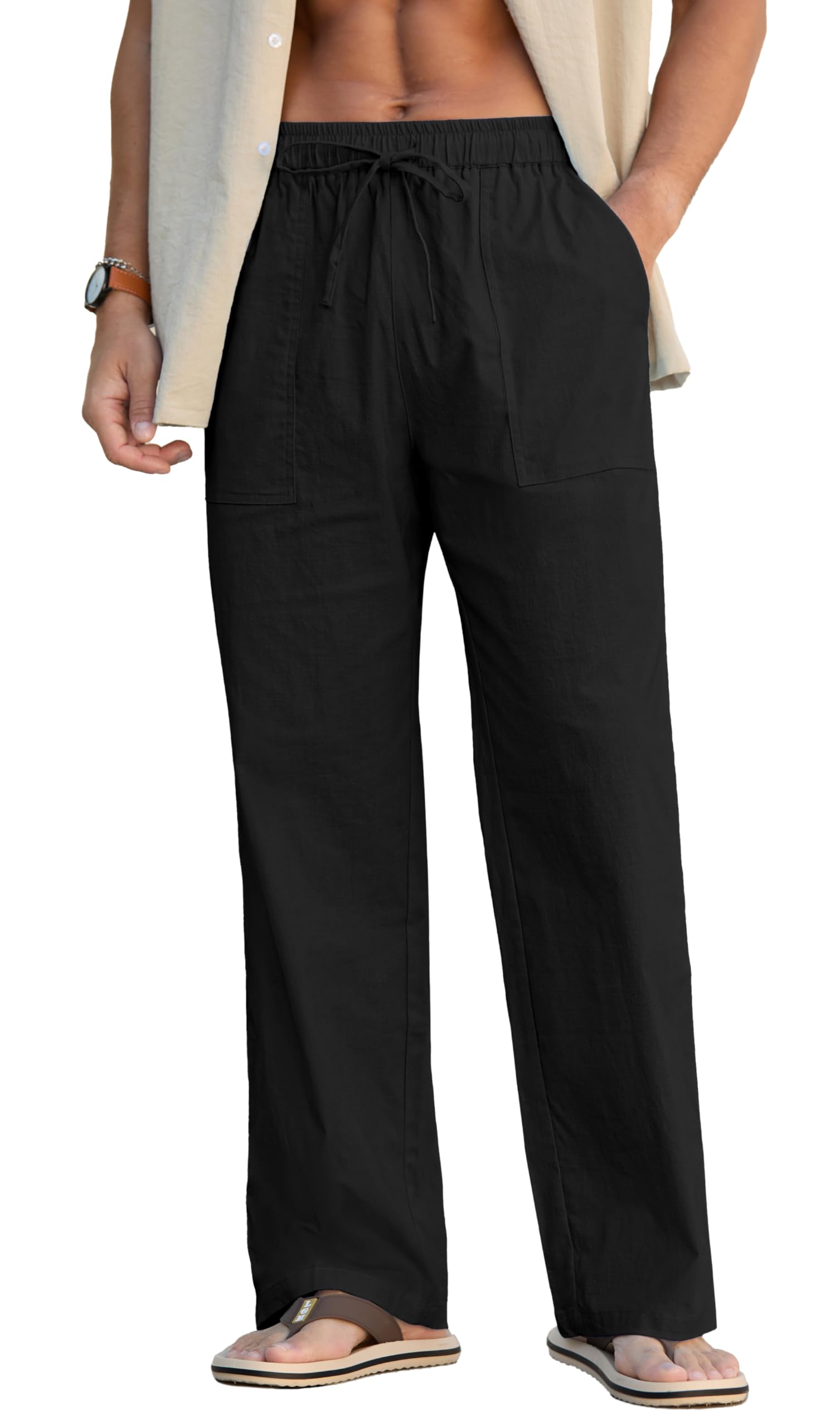 Sailwind Men's Casual Linen Pants Beach Summer Elastic Waist Drawstring Pants Lightweight Linen Trousers White