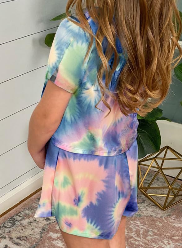 Dokotoo Girls Summer Cute T-Shirt Shorts Outfits Set Short Sleeve Tops Tee Clothes Crew Neck Tie Dye Stretchy Drawstring Waist Shorts with Side Pockets Size 8-9 Sky Blue