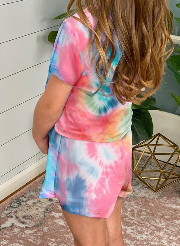 Dokotoo Girls Summer Cute T-Shirt Shorts Outfits Set Short Sleeve Tops Tee Clothes Crew Neck Tie Dye Stretchy Drawstring Waist Shorts with Side Pockets Size 8-9 Sky Blue