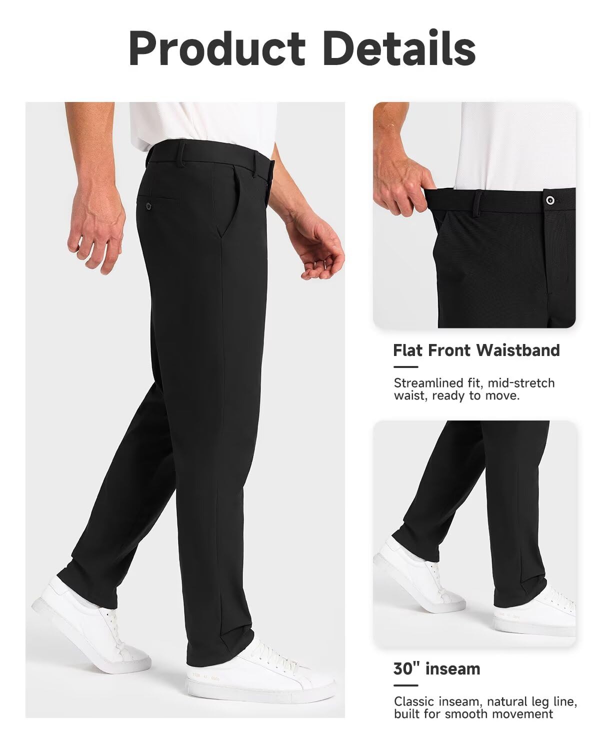 SNOWTEN Mens Golf Pants Classic Fit Stretch Work Dress Pants 30" Quick Dry Lightweight Casual Comfy Pants with Pockets Black 35w × 30L