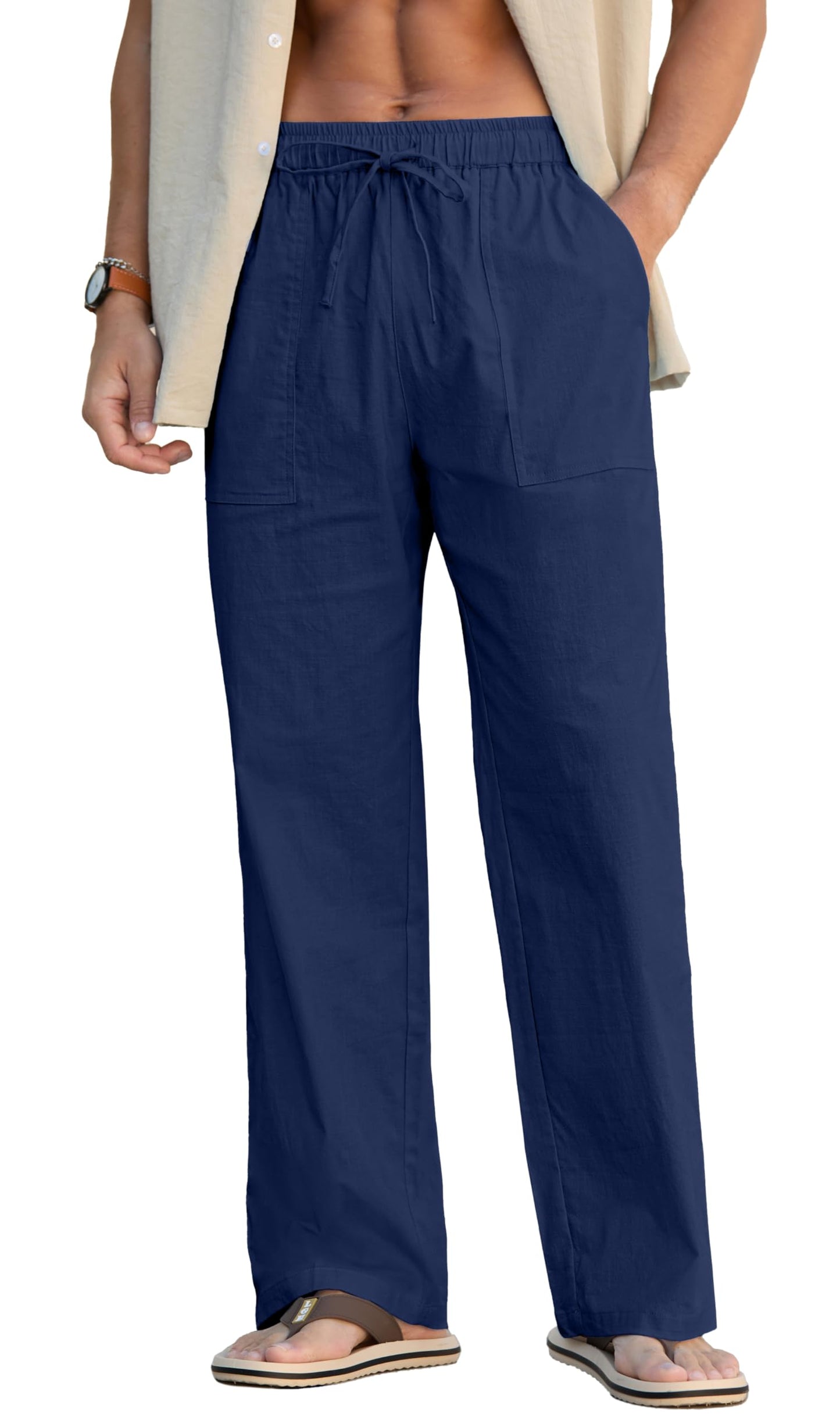 Sailwind Men's Casual Linen Pants Beach Summer Elastic Waist Drawstring Pants Lightweight Linen Trousers White