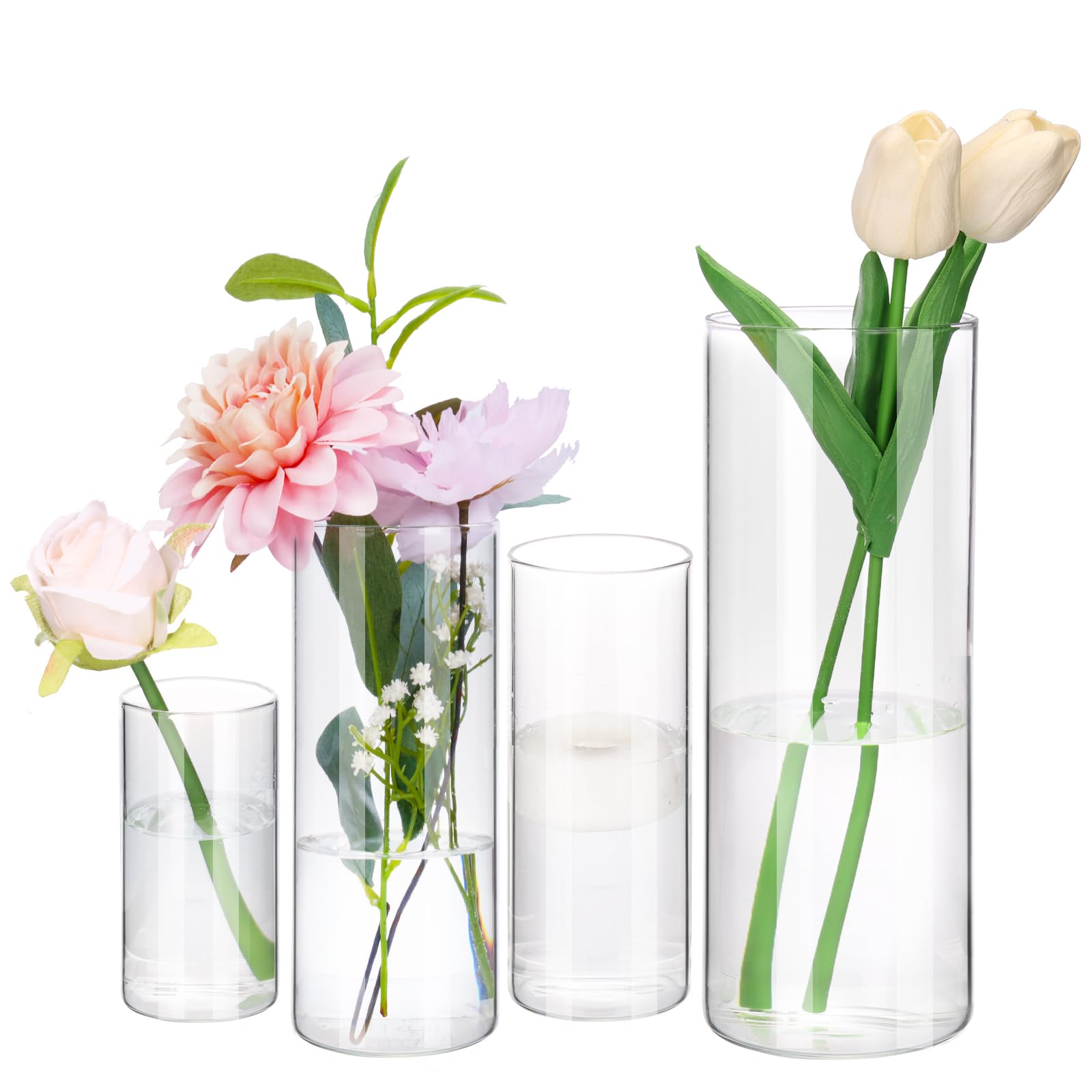 Set of four clear glass vases with flowers on a white background