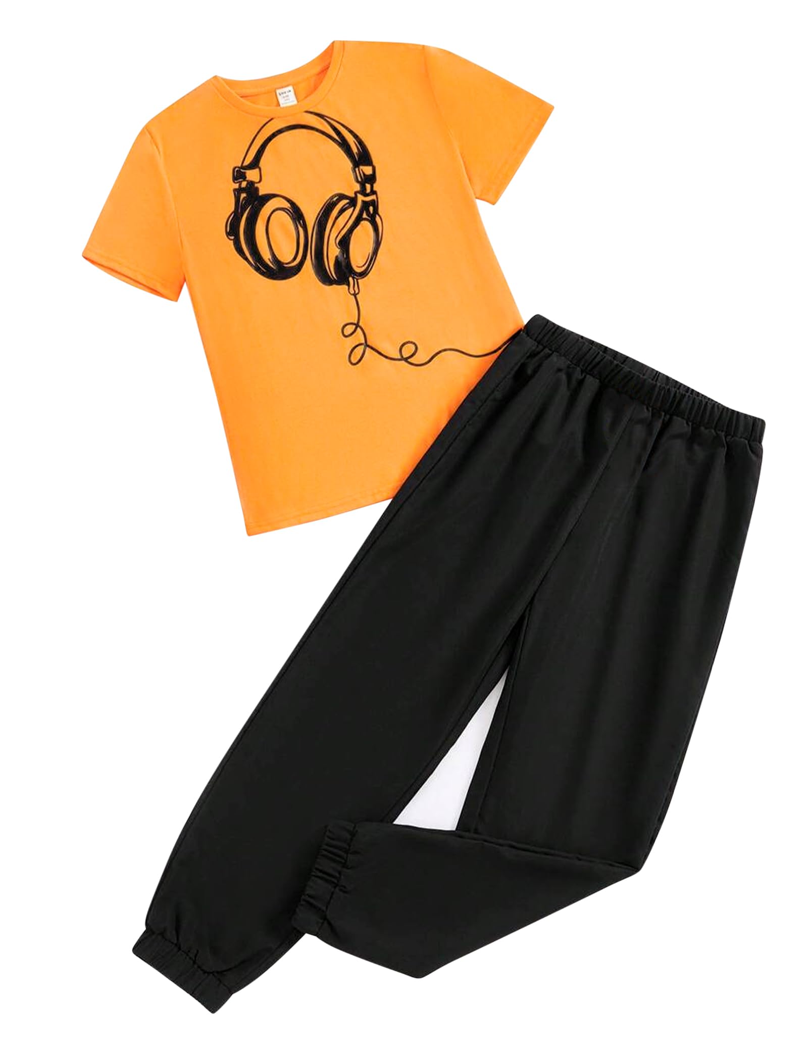 Orange t-shirt with headphones graphic and black pants on a white background