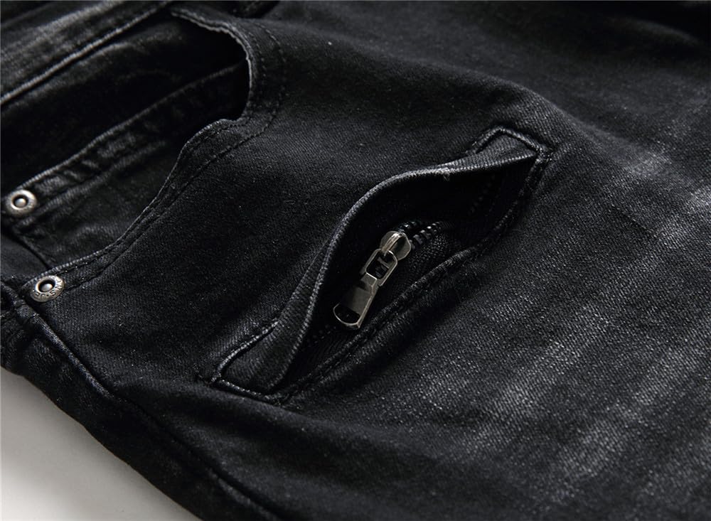 AITITIA Men's Biker Zipper Deco Washed Straight Fit Jeans (40, 002 Light Blue)