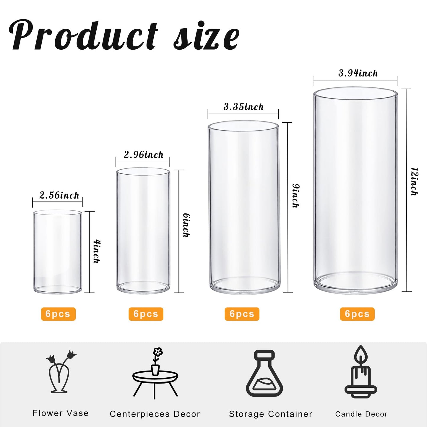 Clear cylindrical glass vases with dimensions and usage icons on a white background