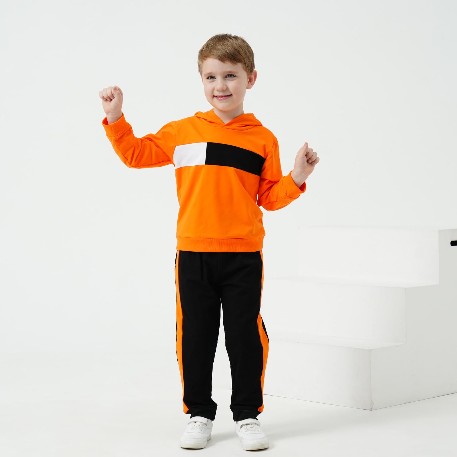 KIDLAGA Toddler Boy Clothes Long Sleeve Hoodie Sweatsuits Tops and Pants Boys Fall Winter Color Block Outfits Set Orange 11-12 Years