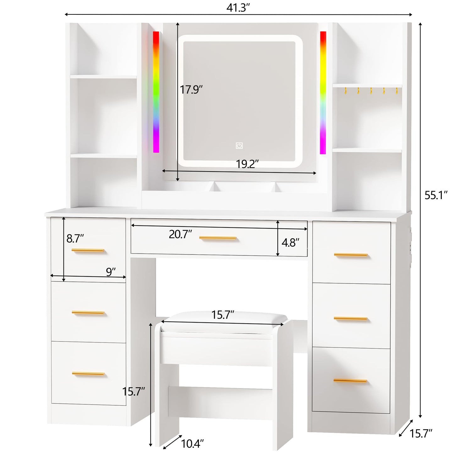 ANWBROAD Makeup Vanity Desk with Mirror and Lights 3 Colors Large Vanity Table with 7 Drawers & RGB Lights White Makeup Table with Charging Station 6 Storage Shelves Stool for Bedroom Women UBDT96W