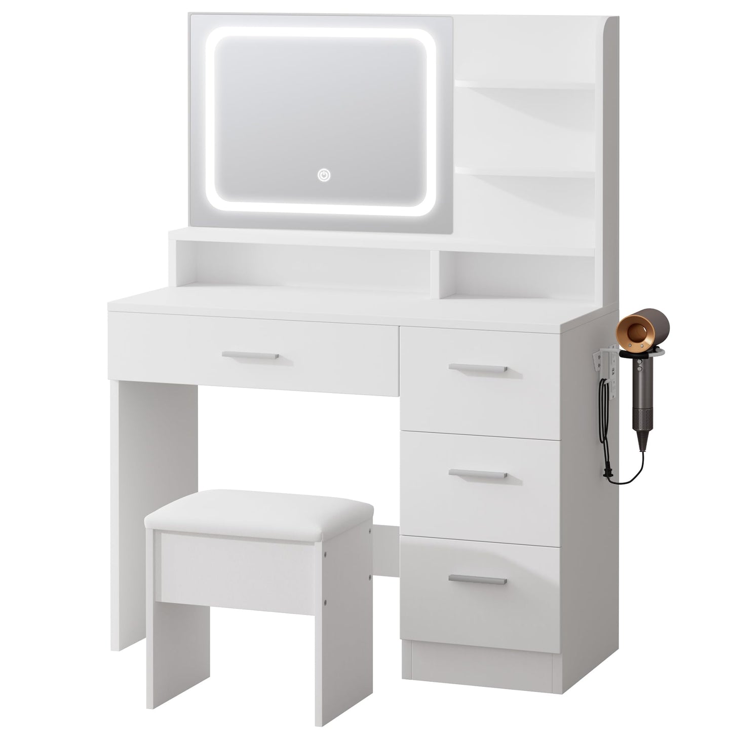 White vanity desk with illuminated mirror, stool, and hair dryer on a white background