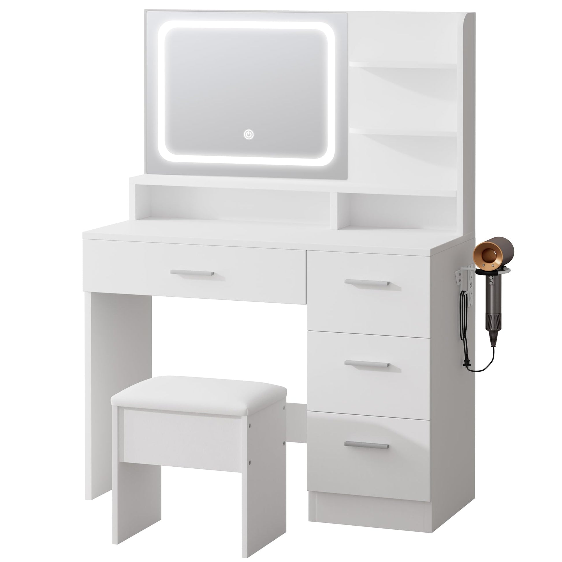 White vanity desk with illuminated mirror, stool, and hair dryer on a white background