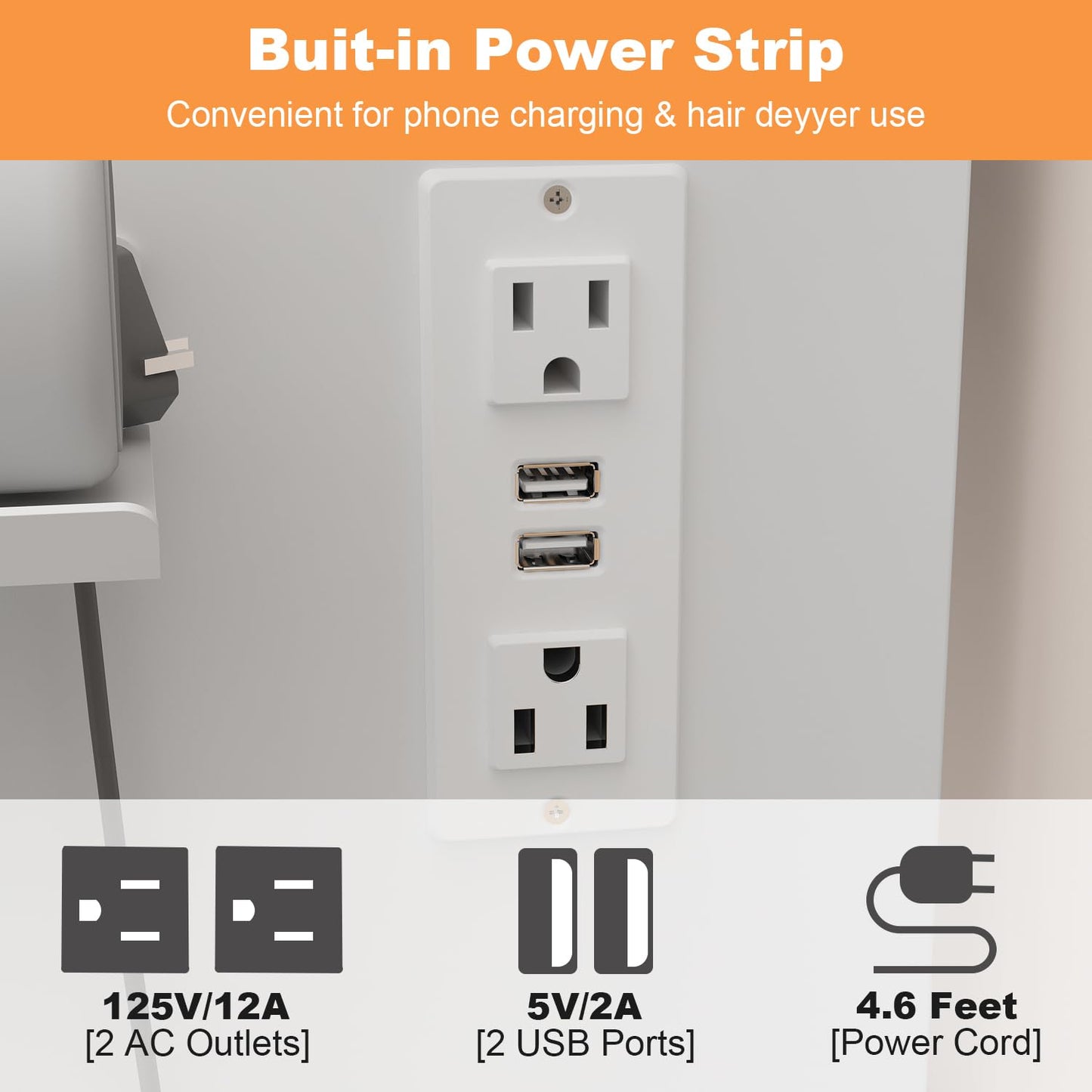 Power strip with two AC outlets and two USB ports on a white wall.