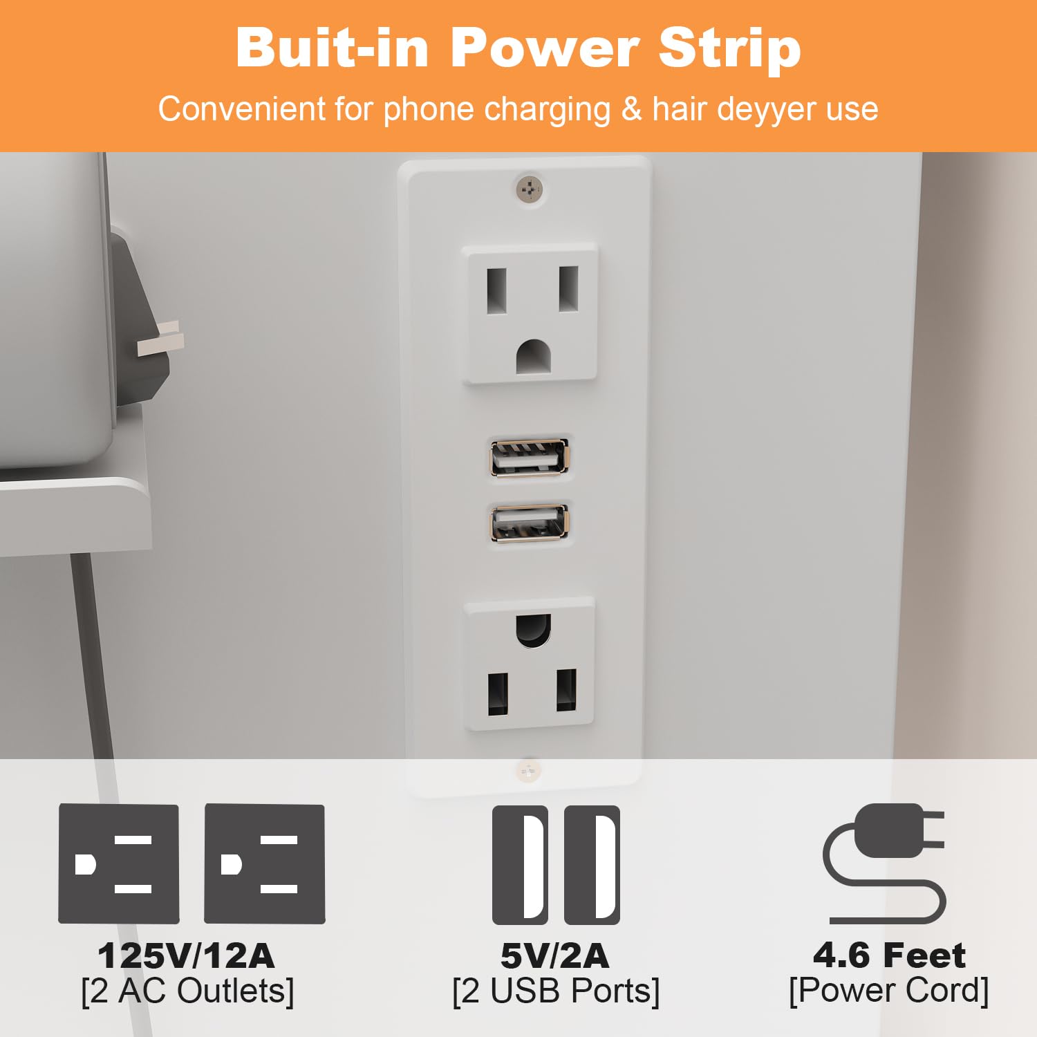 Power strip with two AC outlets and two USB ports on a white wall.