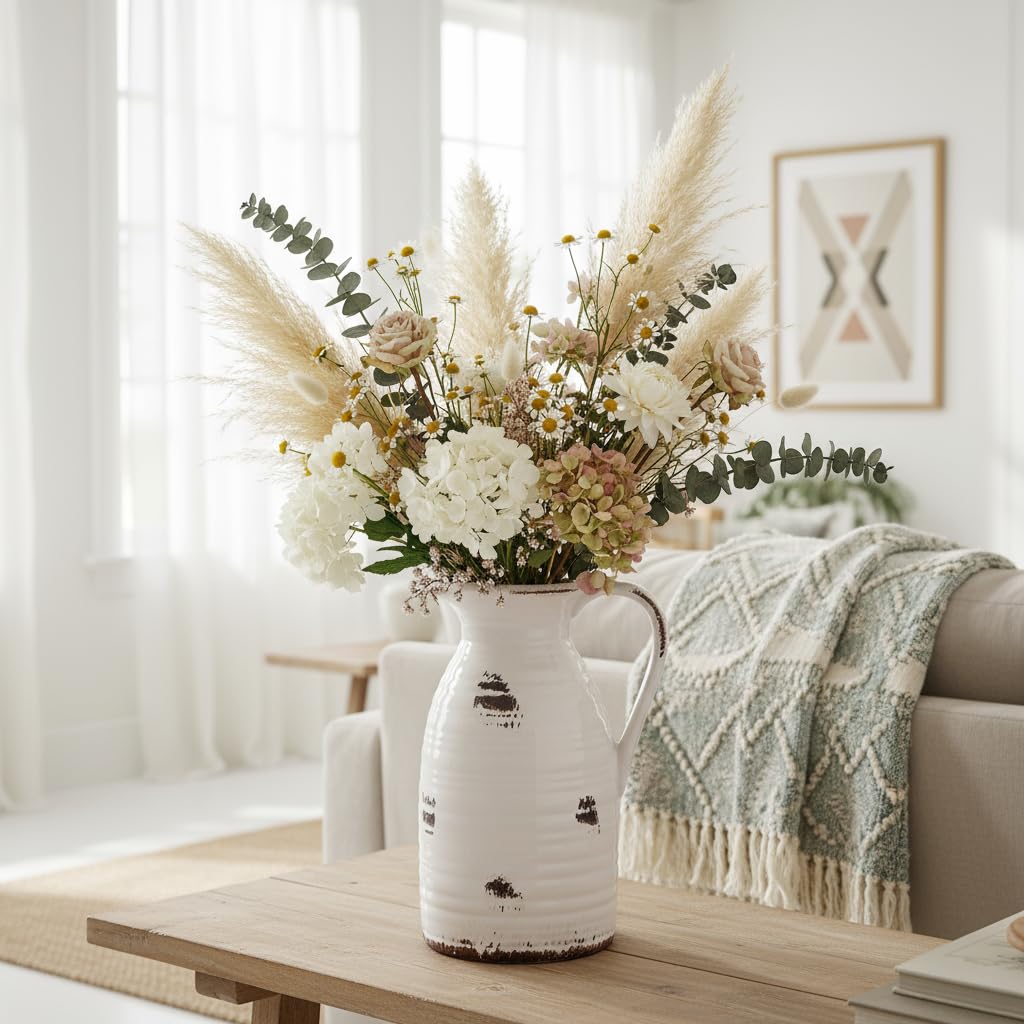 Decorative vase with flowers on a wooden table in a living room.
