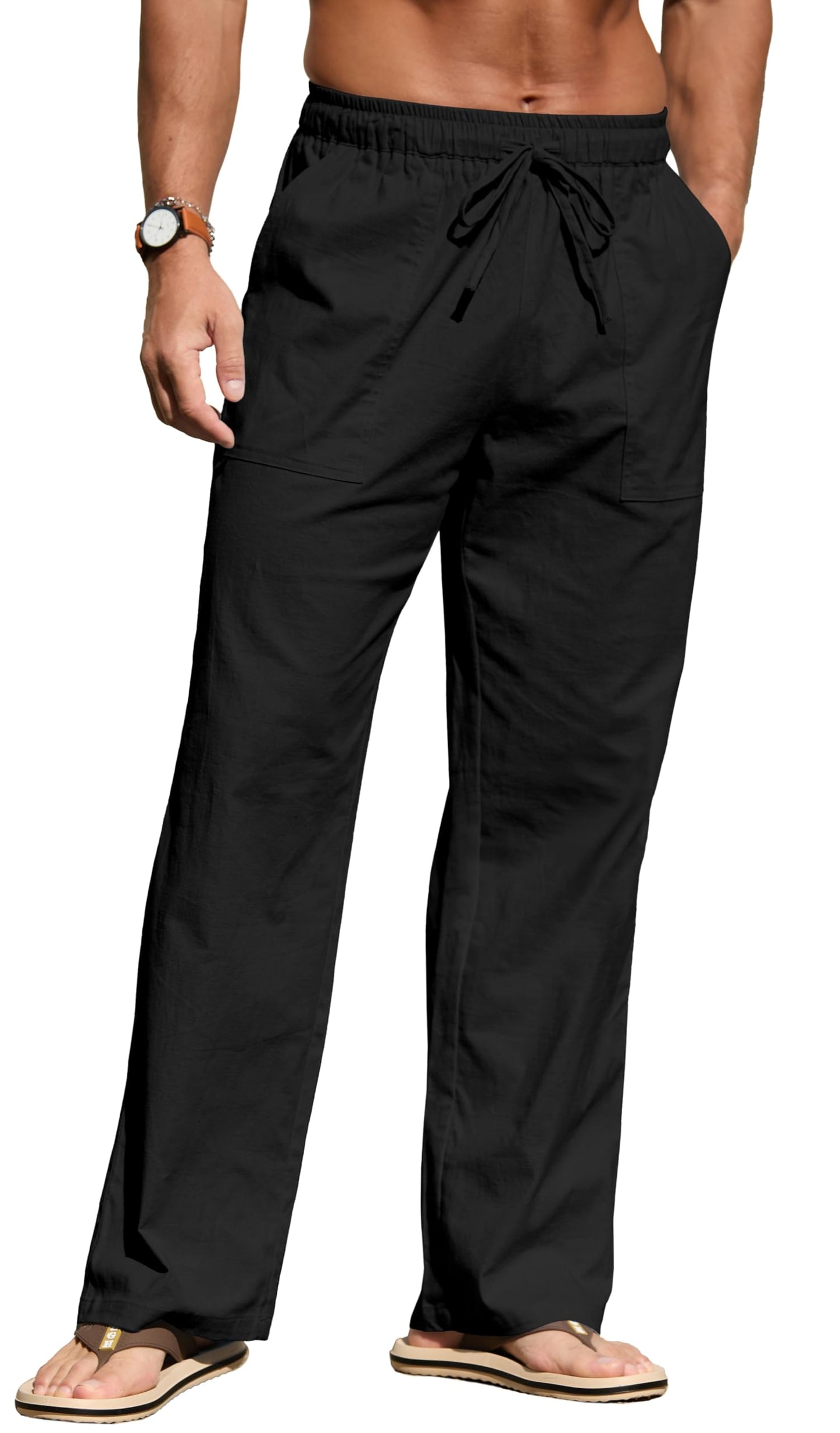 Sailwind Men's Casual Linen Pants Beach Summer Elastic Waist Drawstring Pants Lightweight Linen Trousers White