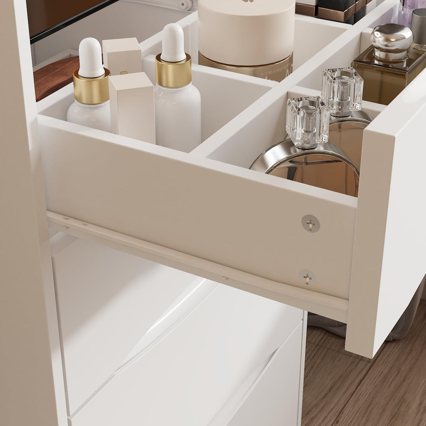 Cosmetic drawer with various bottles and containers on a wooden floor.