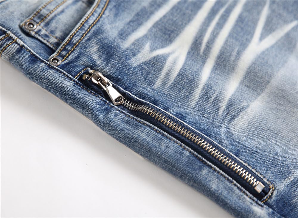 AITITIA Men's Biker Zipper Deco Washed Straight Fit Jeans (40, 002 Light Blue)