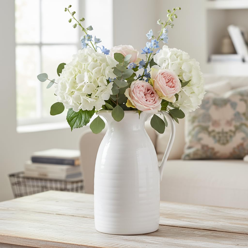 White vase with flowers on a table in a home setting