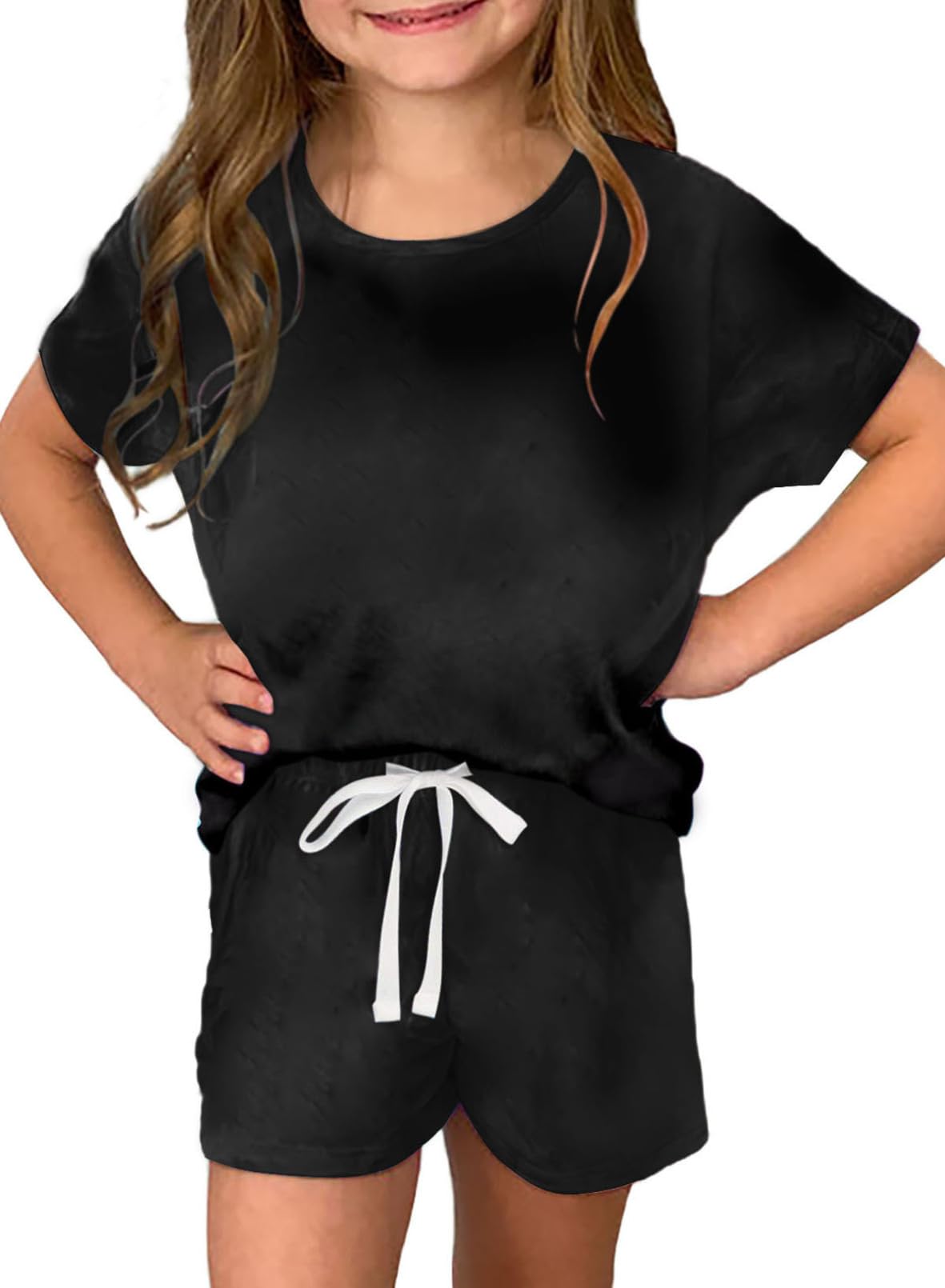 Dokotoo Girls Summer Cute T-Shirt Shorts Outfits Set Short Sleeve Tops Tee Clothes Crew Neck Tie Dye Stretchy Drawstring Waist Shorts with Side Pockets Size 8-9 Sky Blue