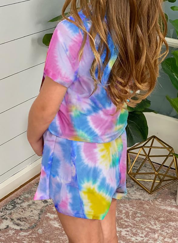 Dokotoo Girls Summer Cute T-Shirt Shorts Outfits Set Short Sleeve Tops Tee Clothes Crew Neck Tie Dye Stretchy Drawstring Waist Shorts with Side Pockets Size 8-9 Sky Blue