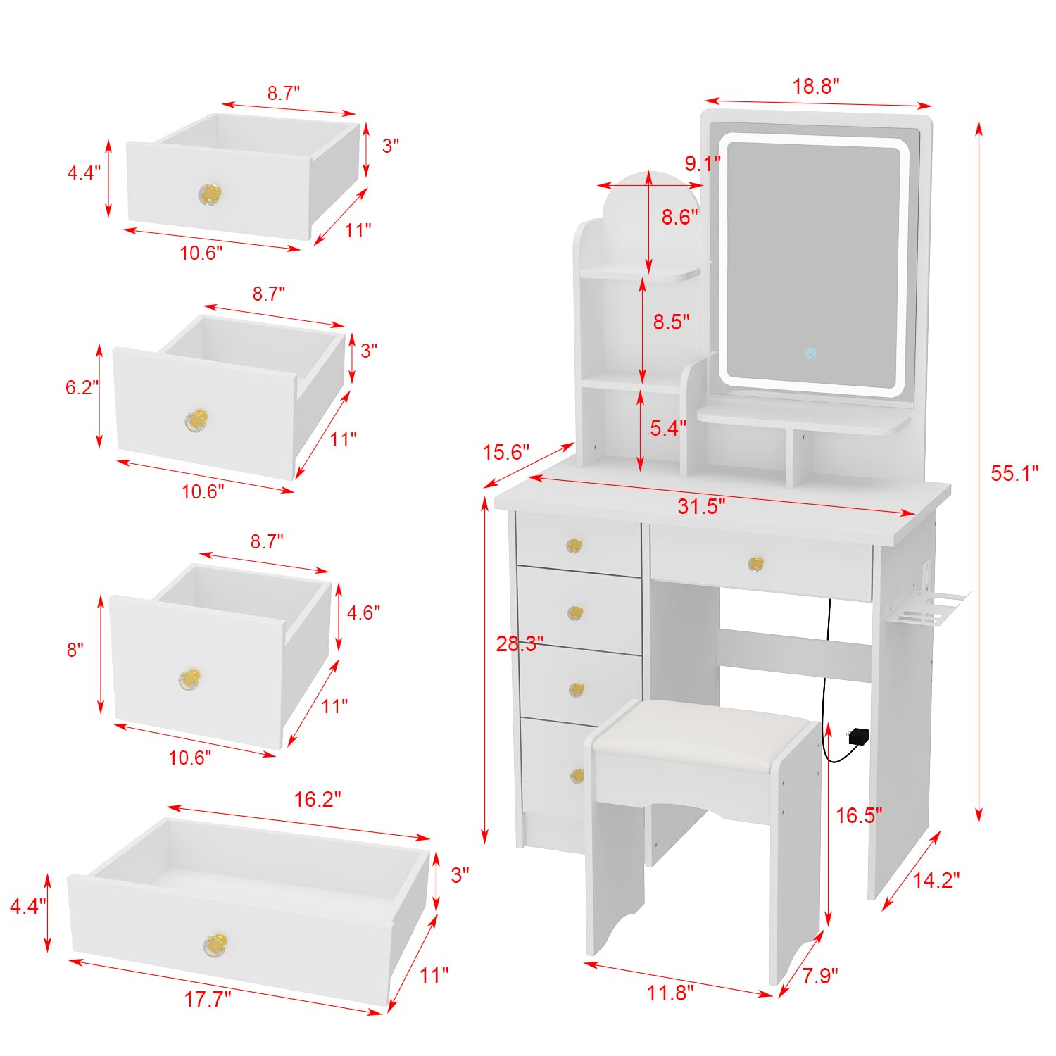 White vanity set with dimensions labeled on a white background