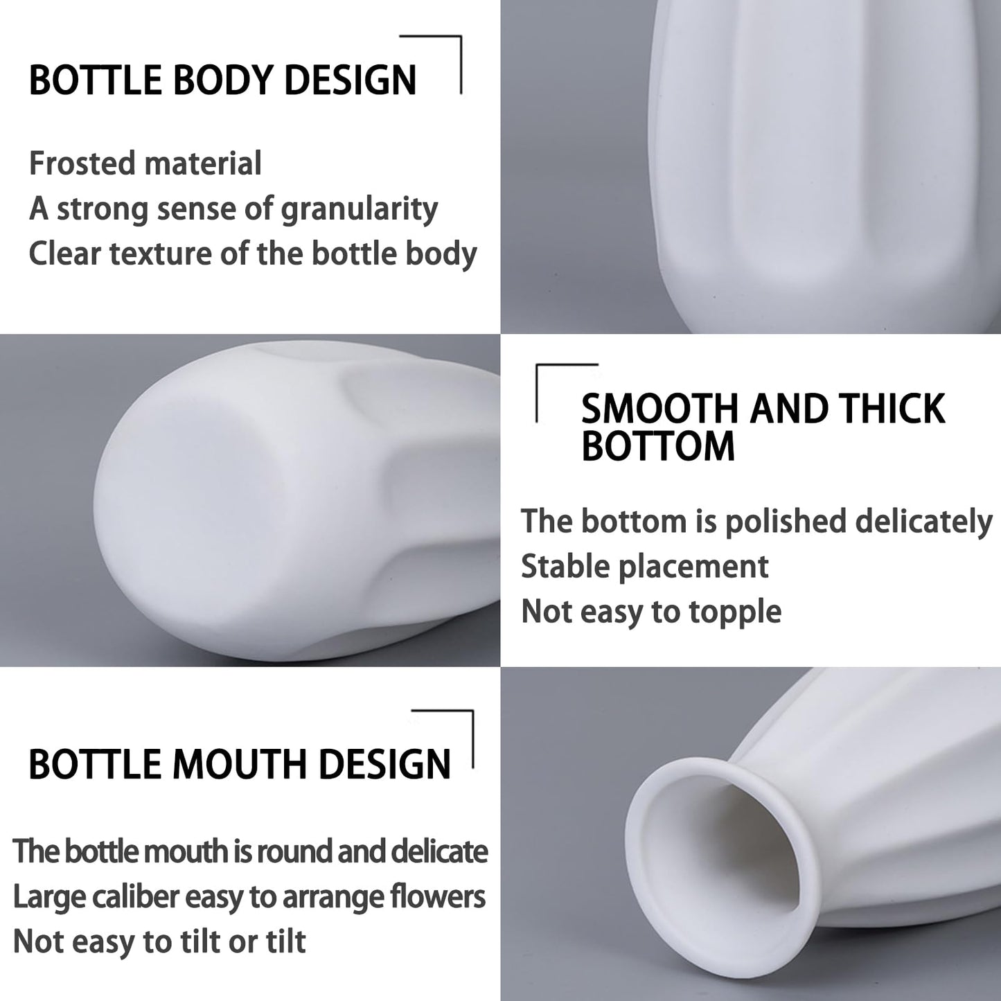 White ceramic vase with text describing its design features on a gray background