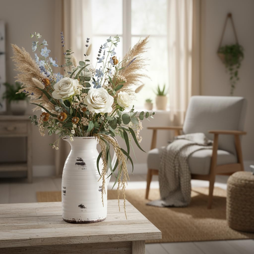 Floral arrangement in a white pitcher on a wooden table with a cozy living room background.