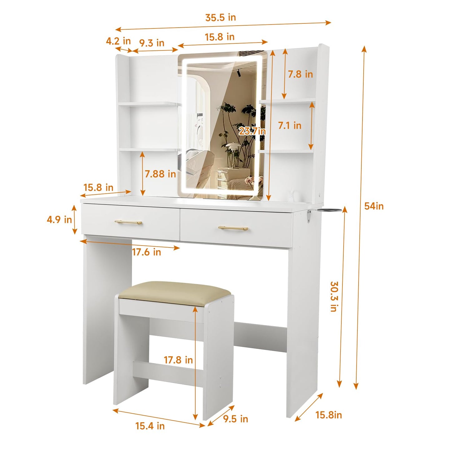 White vanity table with mirror and stool, shown with dimensions on a white background