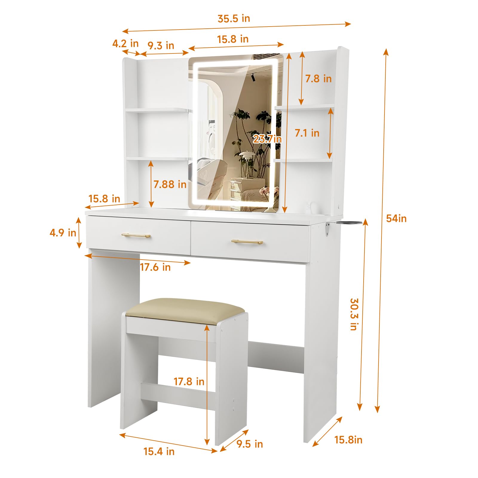 White vanity table with mirror and stool, shown with dimensions on a white background