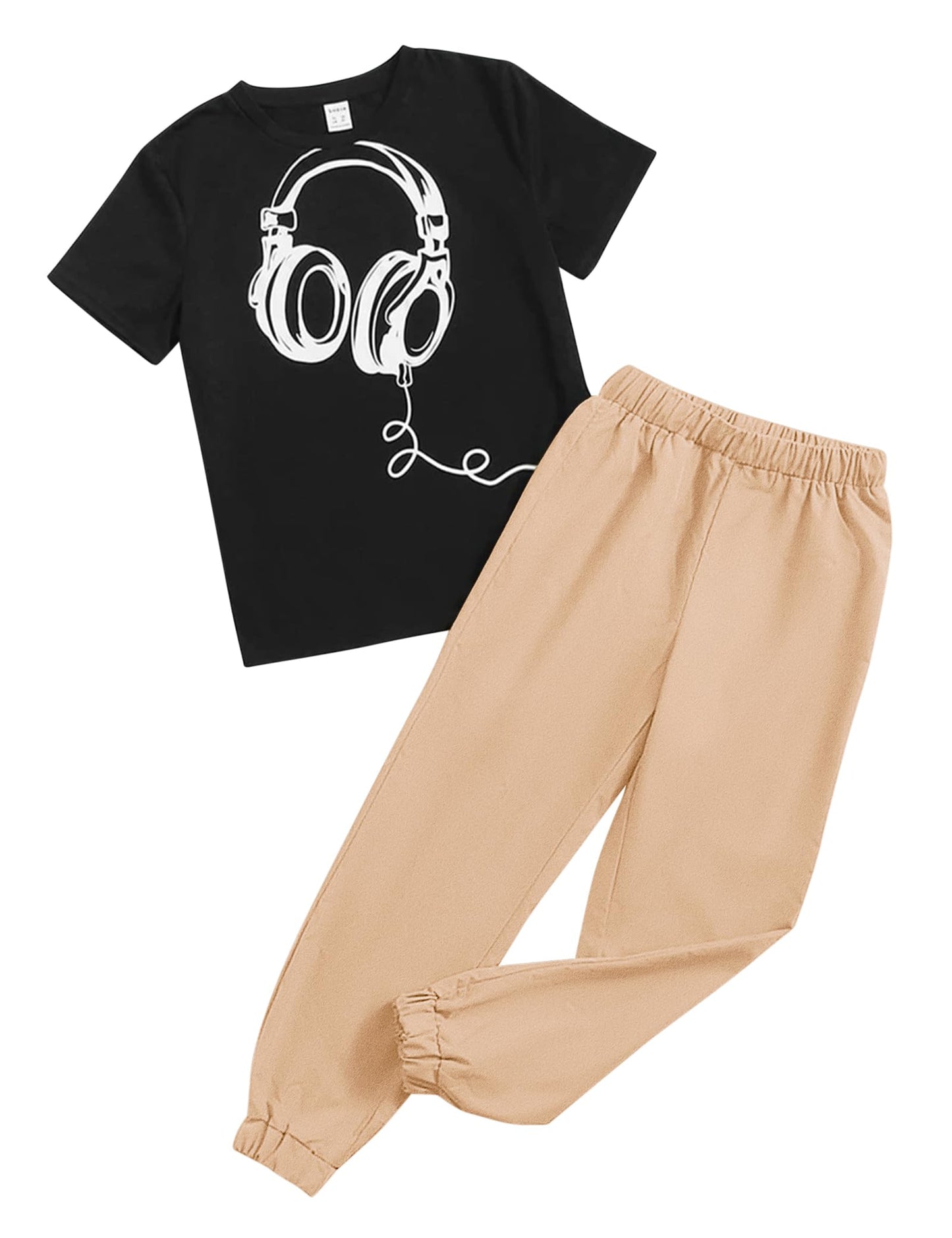Black t-shirt with headphones graphic and beige pants on a white background