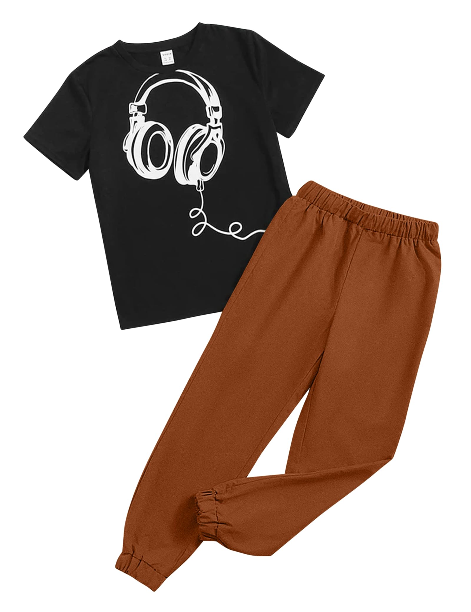 Black t-shirt with headphones design and brown pants on a white background