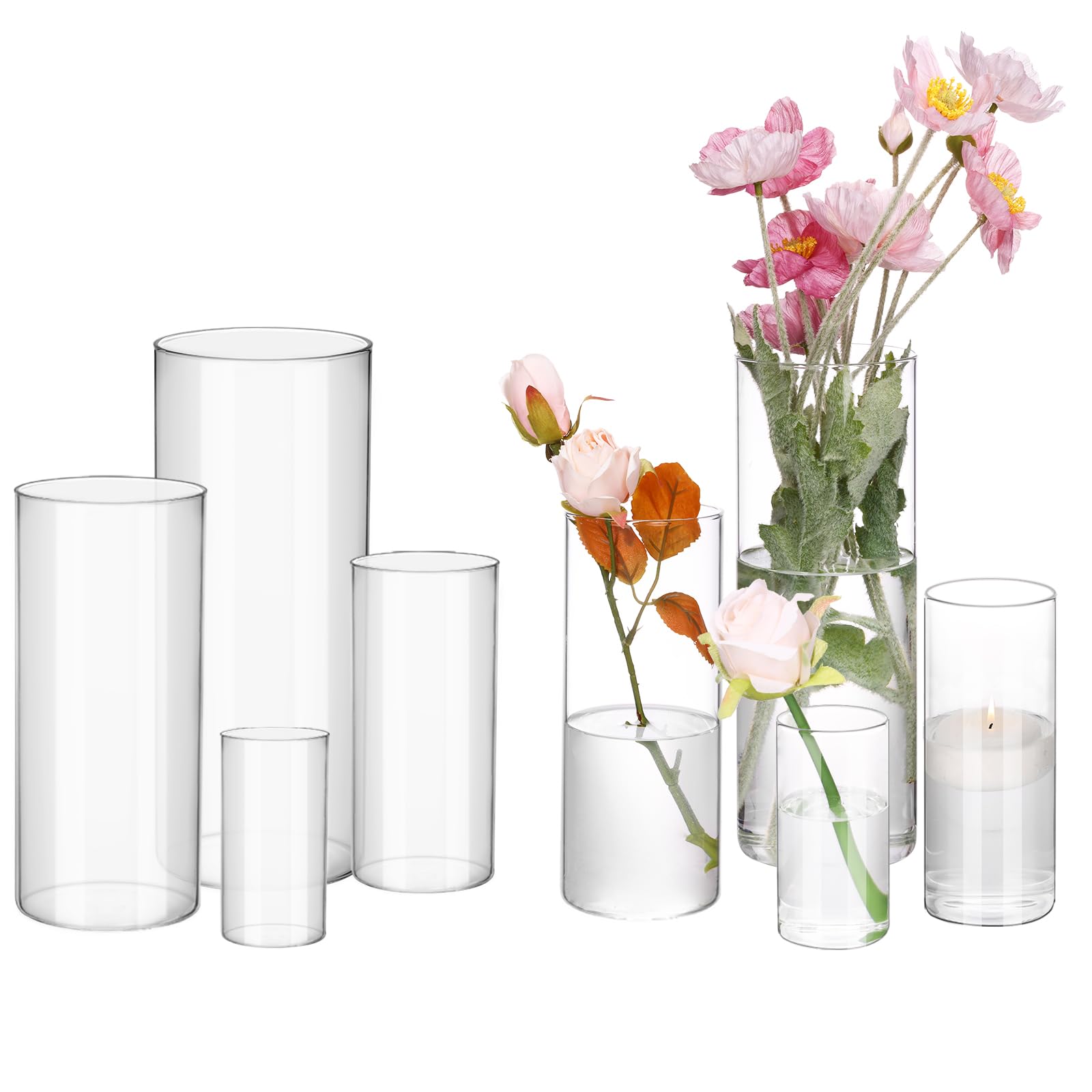 Set of clear glass vases of various sizes with flowers and a candle on a white background