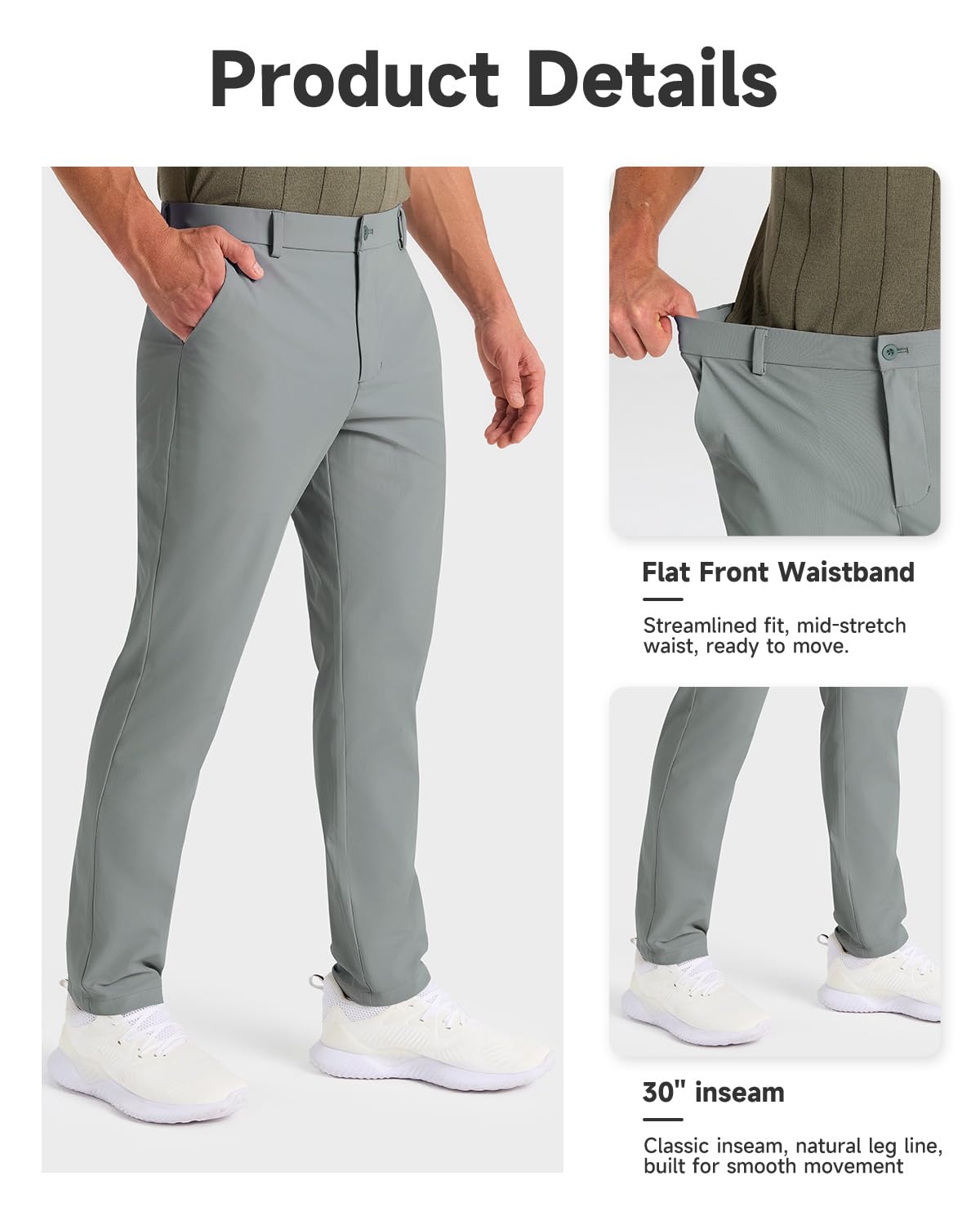 SNOWTEN Mens Golf Pants Classic Fit Stretch Work Dress Pants 30" Quick Dry Lightweight Casual Comfy Pants with Pockets Black 35w × 30L