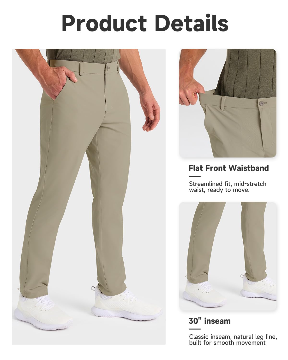 SNOWTEN Mens Golf Pants Classic Fit Stretch Work Dress Pants 30" Quick Dry Lightweight Casual Comfy Pants with Pockets Black 35w × 30L