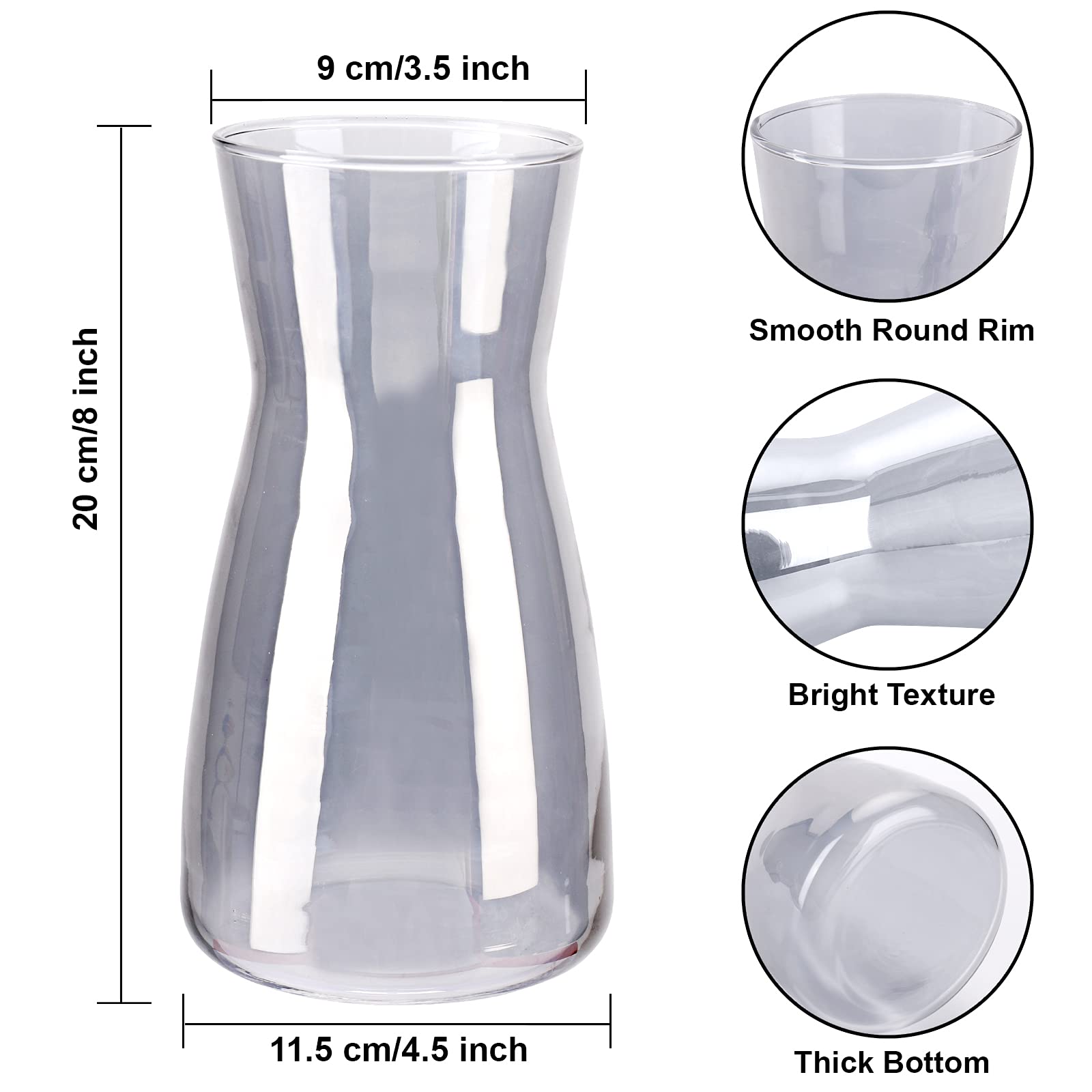 Clear glass vase with measurements and details on a white background