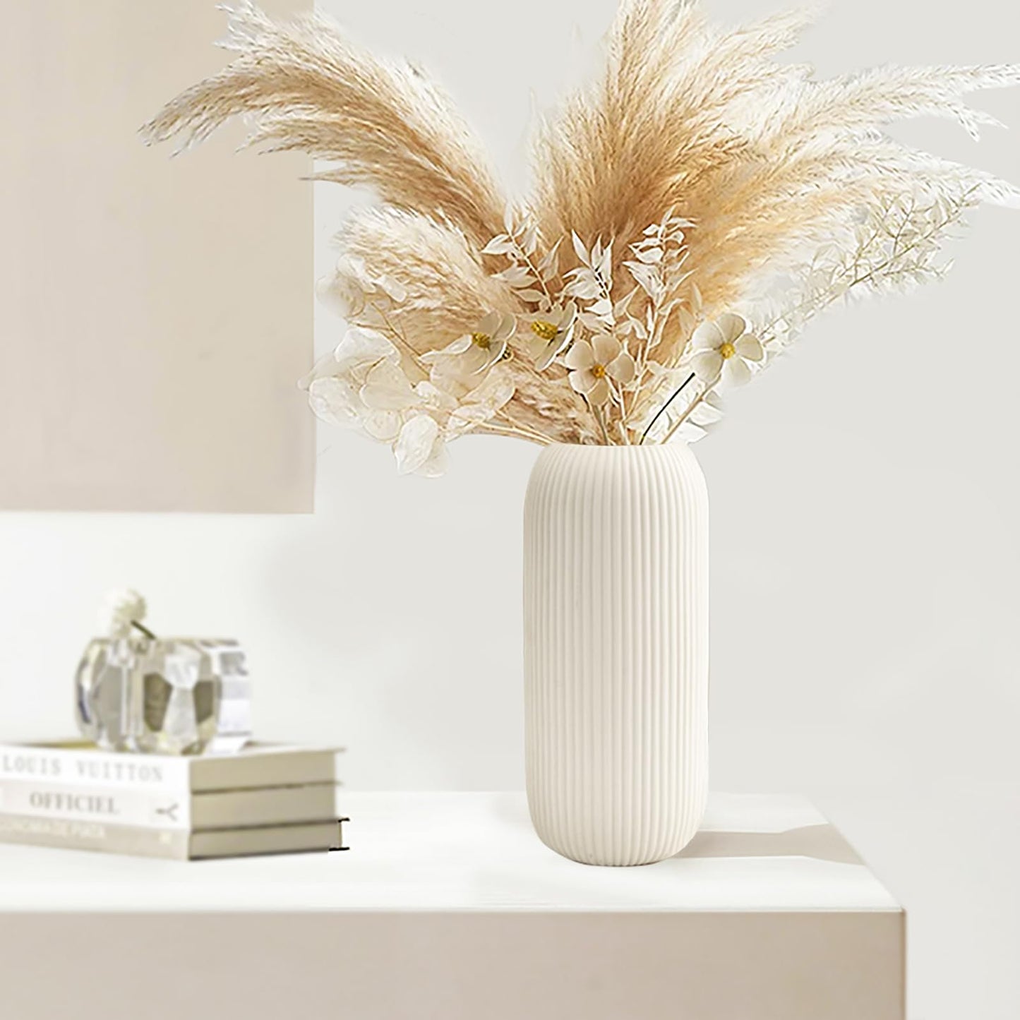 Ceramic Vase for Flowers – Modern Small Ribbed Textured Flower Vase for Home Decor, Pampas Grass, Decorative, Farmhouse, Coffee Table, Kitchen Centerpieces, Bookshelf and Home Living (White)