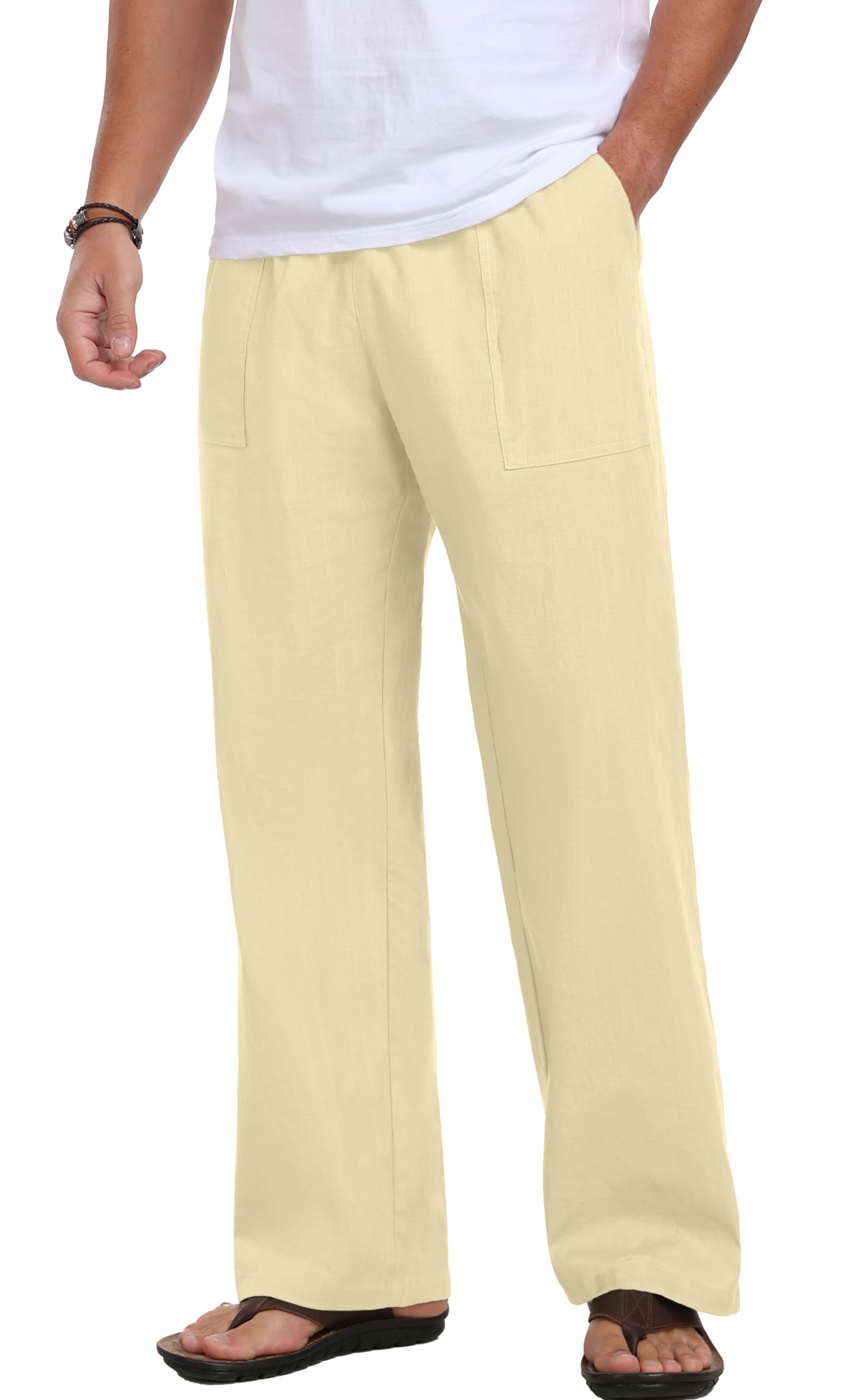 Sailwind Men's Casual Linen Pants Beach Summer Elastic Waist Drawstring Pants Lightweight Linen Trousers White