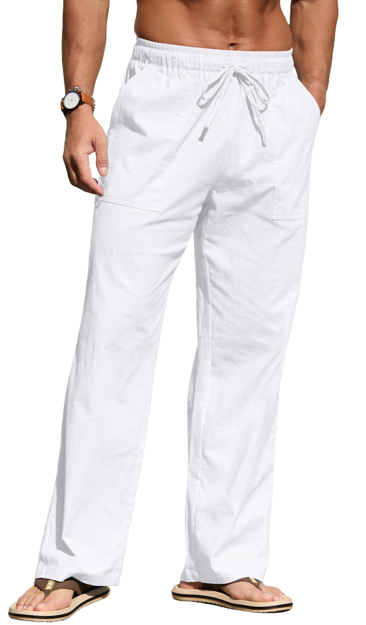 Sailwind Men's Casual Linen Pants Beach Summer Elastic Waist Drawstring Pants Lightweight Linen Trousers White