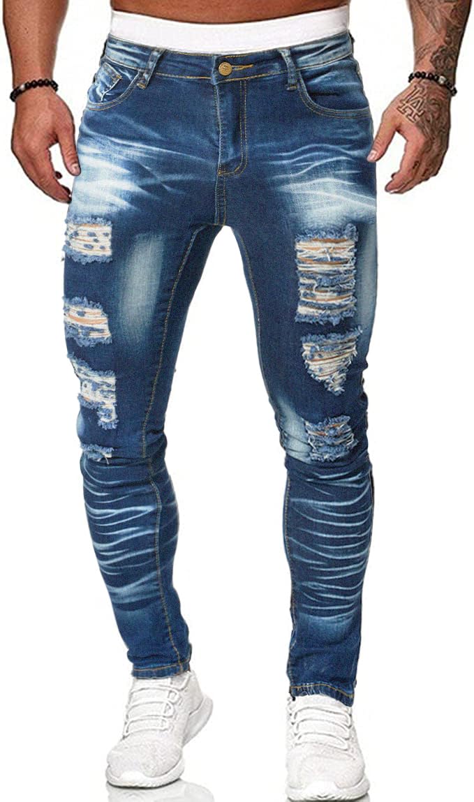 HUNGSON Men's Ripped Skinny Jeans Stretchy Slim Fit Jeans Pants for Men