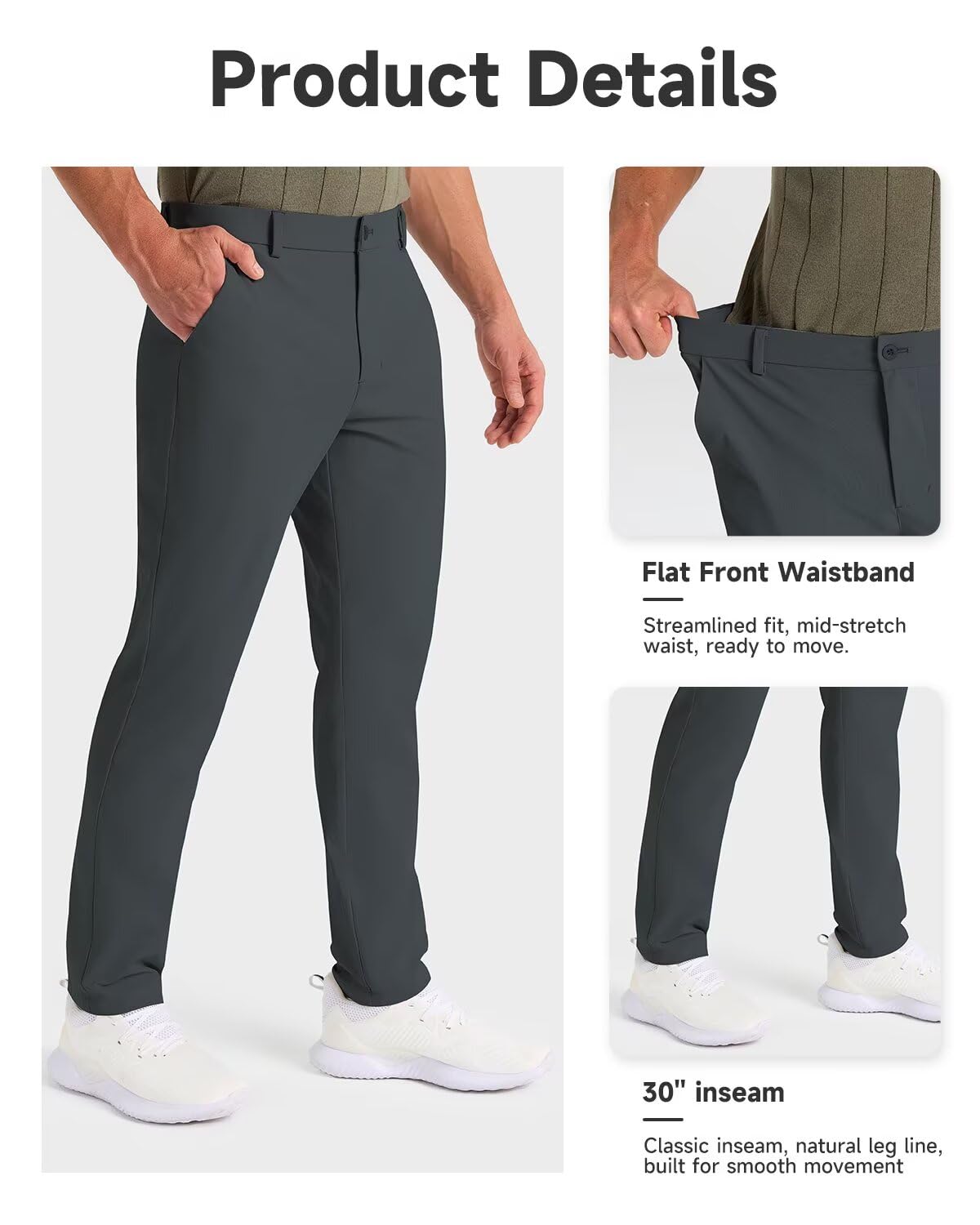 SNOWTEN Mens Golf Pants Classic Fit Stretch Work Dress Pants 30" Quick Dry Lightweight Casual Comfy Pants with Pockets Black 35w × 30L